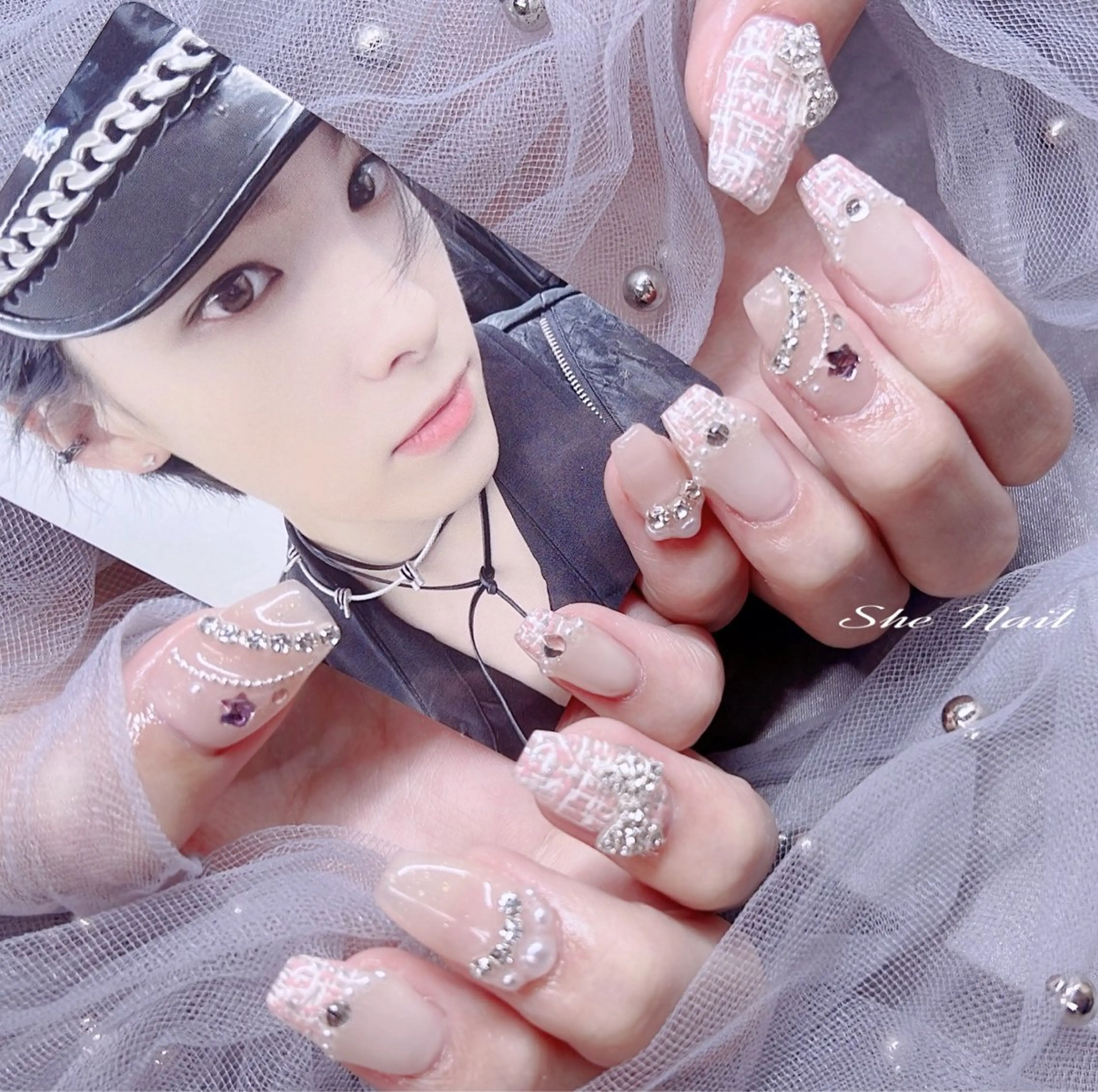 ネイル チークネイル 長さ出し フレンチネイル ハート キラキラネイル ハンドネイル She   Nail所属・ISA_ BELLAのネイルデザイン