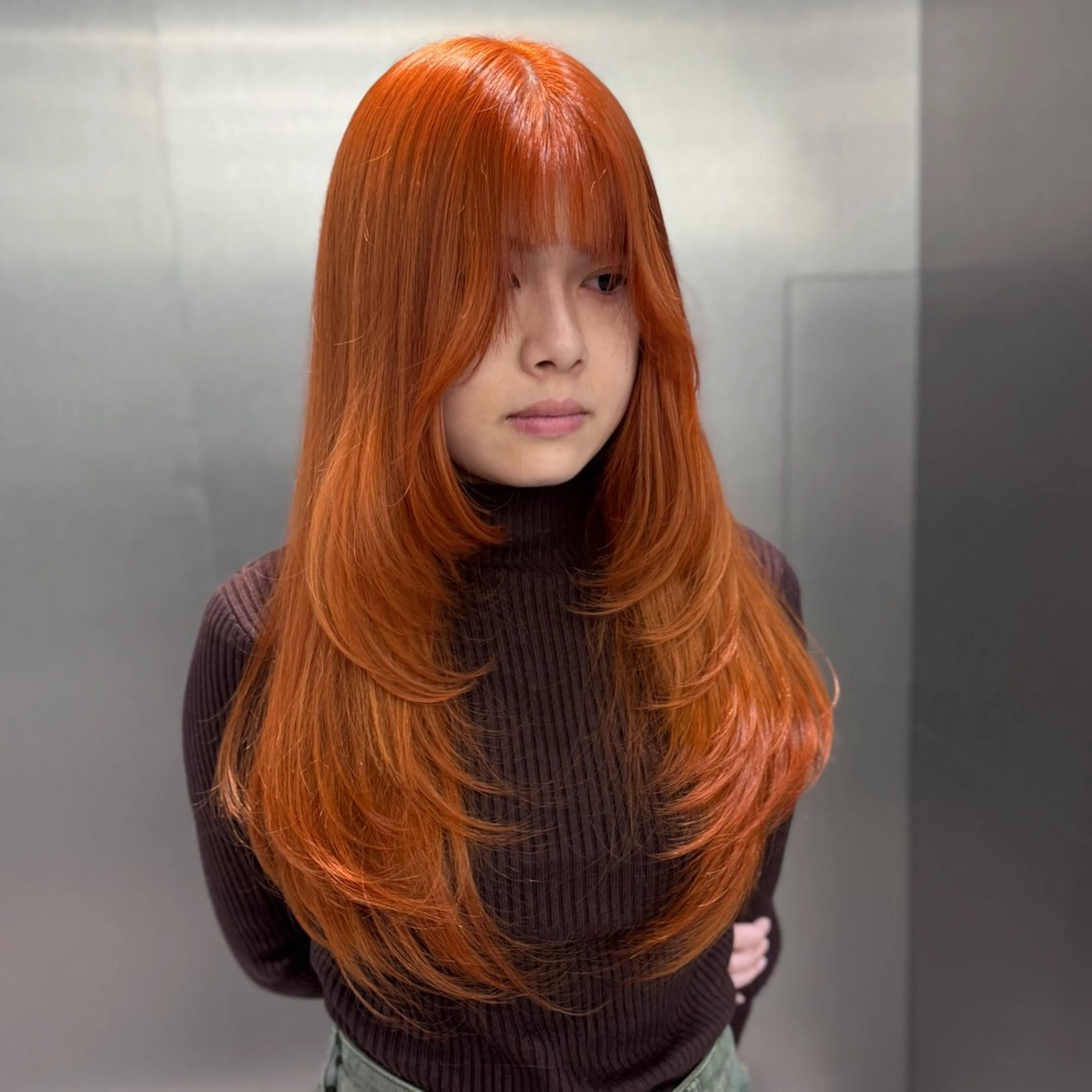 ロング カラー ブラウンカラー オレンジ オレンジブラウン ハイレイヤー レイヤーカット ヘアカラー ハイトーン/デザイン カラー/悠斗のヘアスタイル