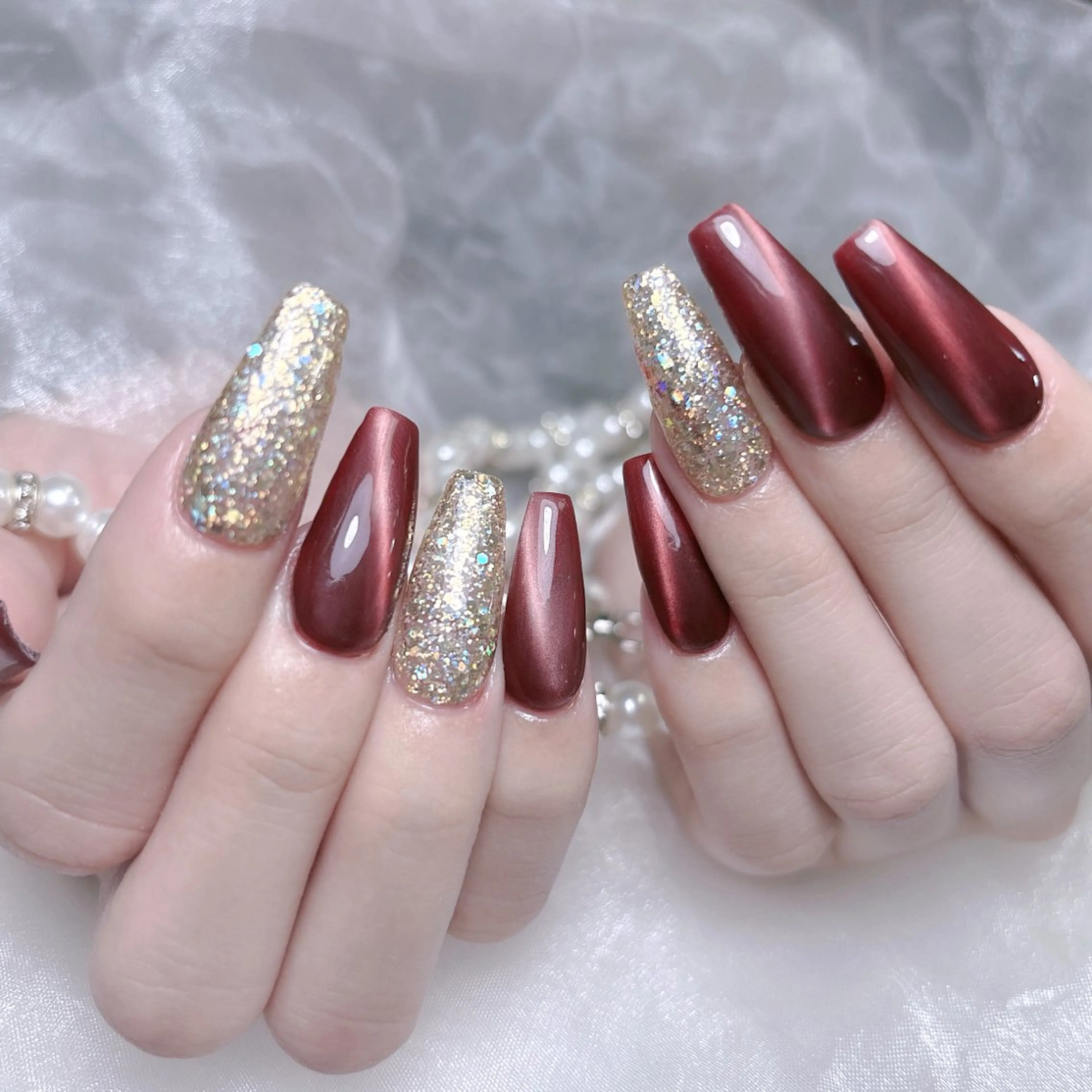 ネイル 成人式 ジェルネイル ロングネイル マグネットネイル 大理石ネイル(マーブル) ハンドネイル MoMoA Nail ネイル長さ出し専門店のネイルデザイン