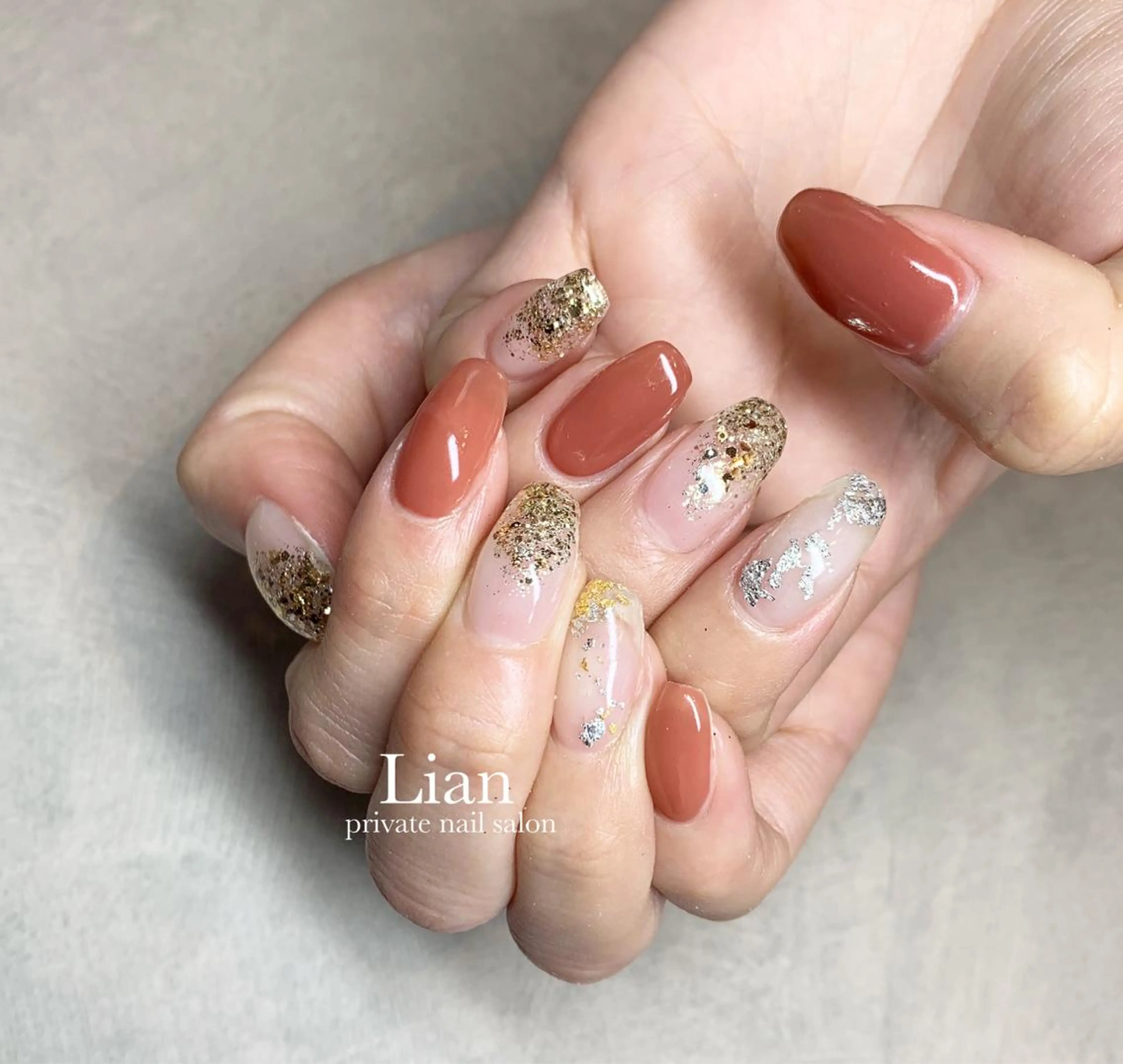 ネイル ブラウン キラキラネイル オレンジ nailsalon Lenoaのネイルデザイン