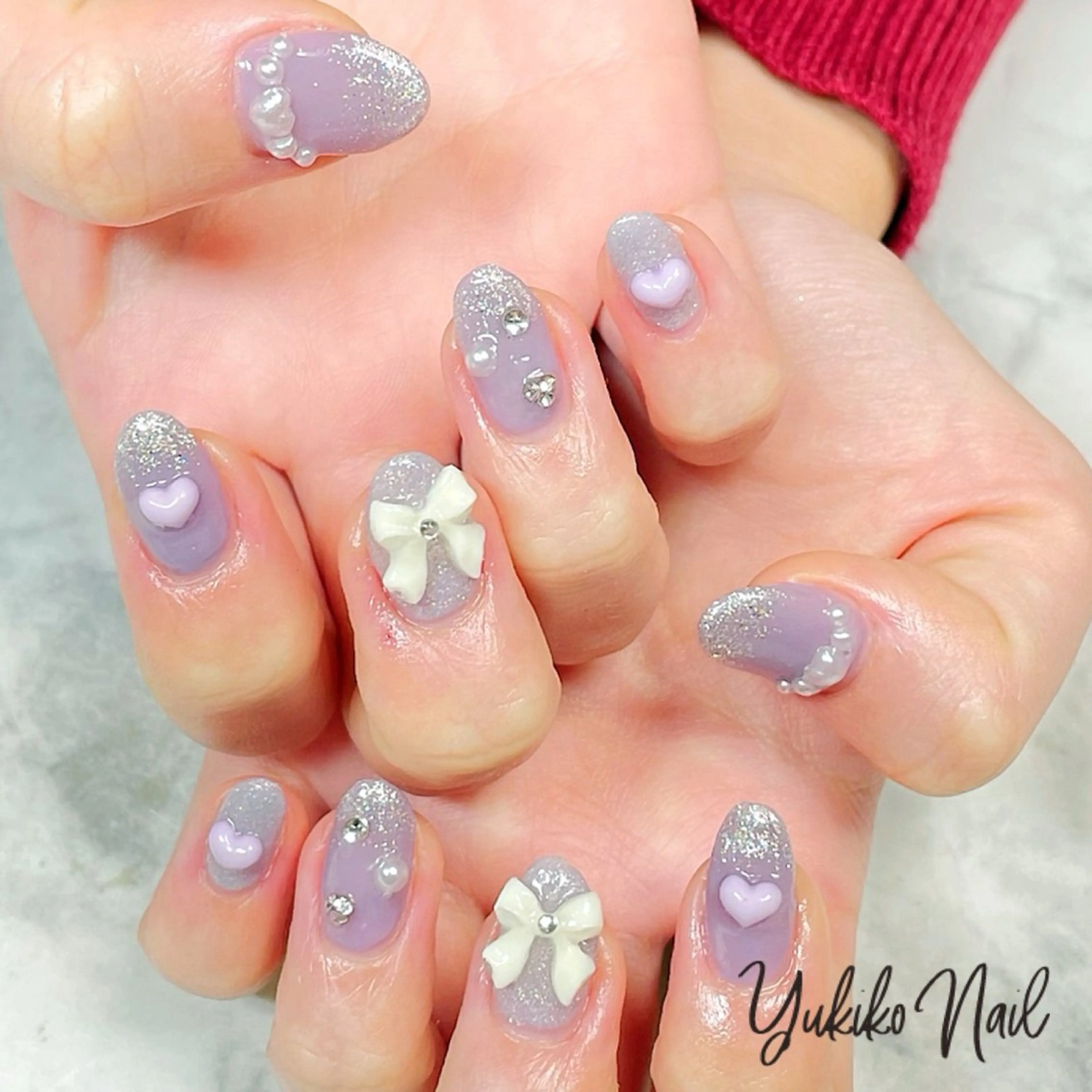 ネイル ガーリー ハート 韓国ネイル リボン ワンホンネイル ハンドネイル ユキコ ネイルのネイルデザイン