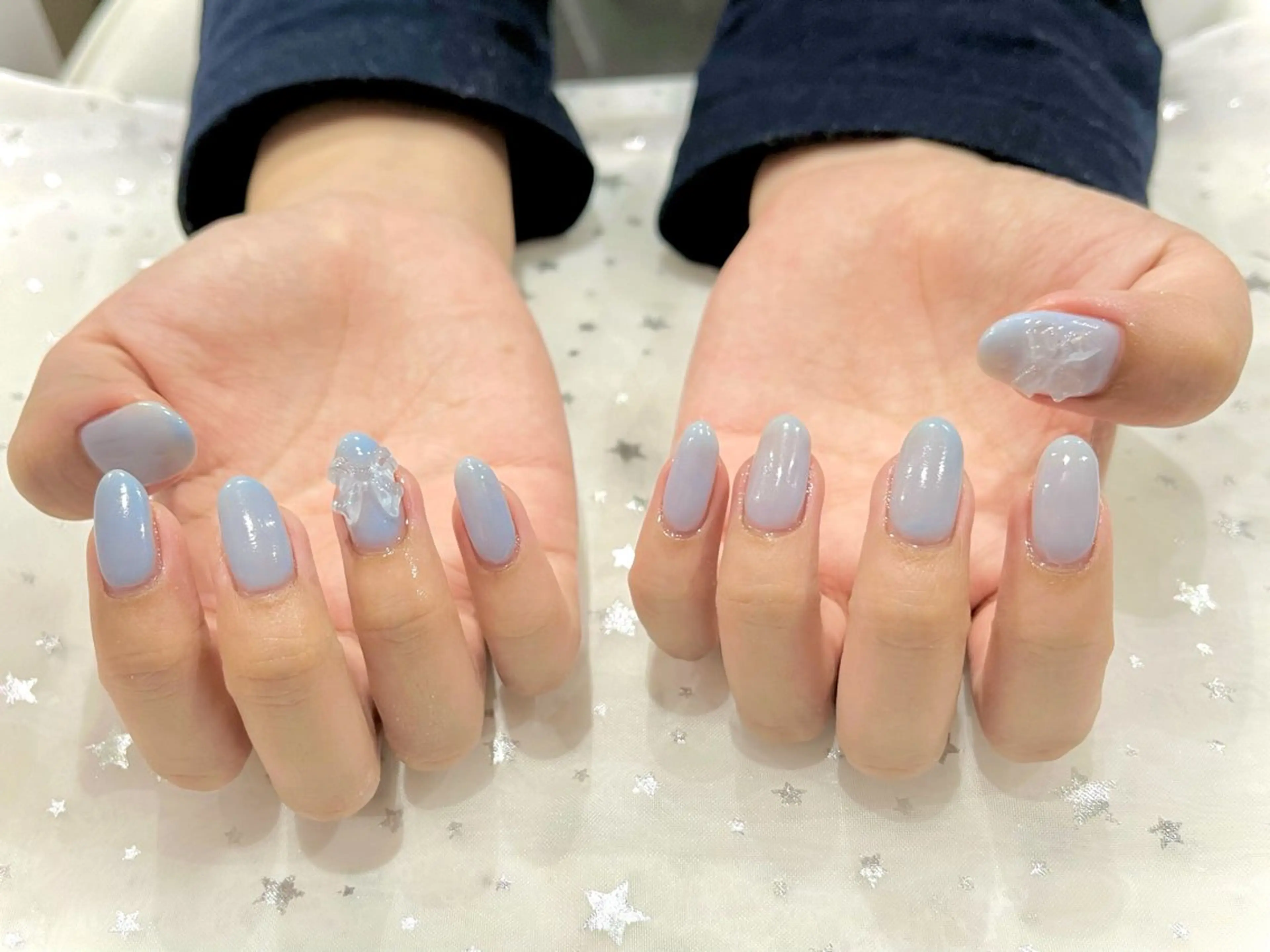 ネイル ブルー クリアネイル リボン ハンドネイル Nail salon Cielel⟡Ayaのネイルデザイン