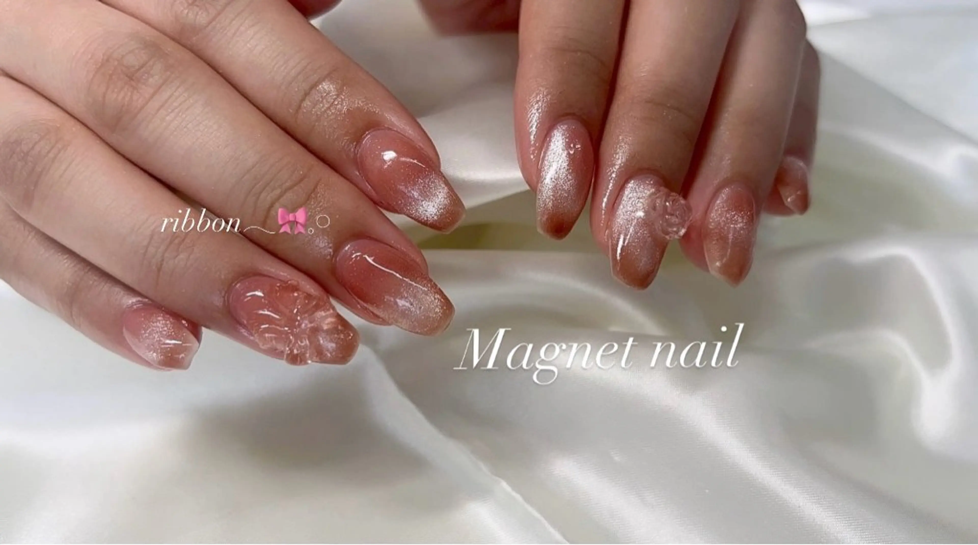 ネイル 韓国ネイル マグネットネイル ワンカラーネイル ピンク リボン ハンドネイル Moana Oukaのネイルデザイン