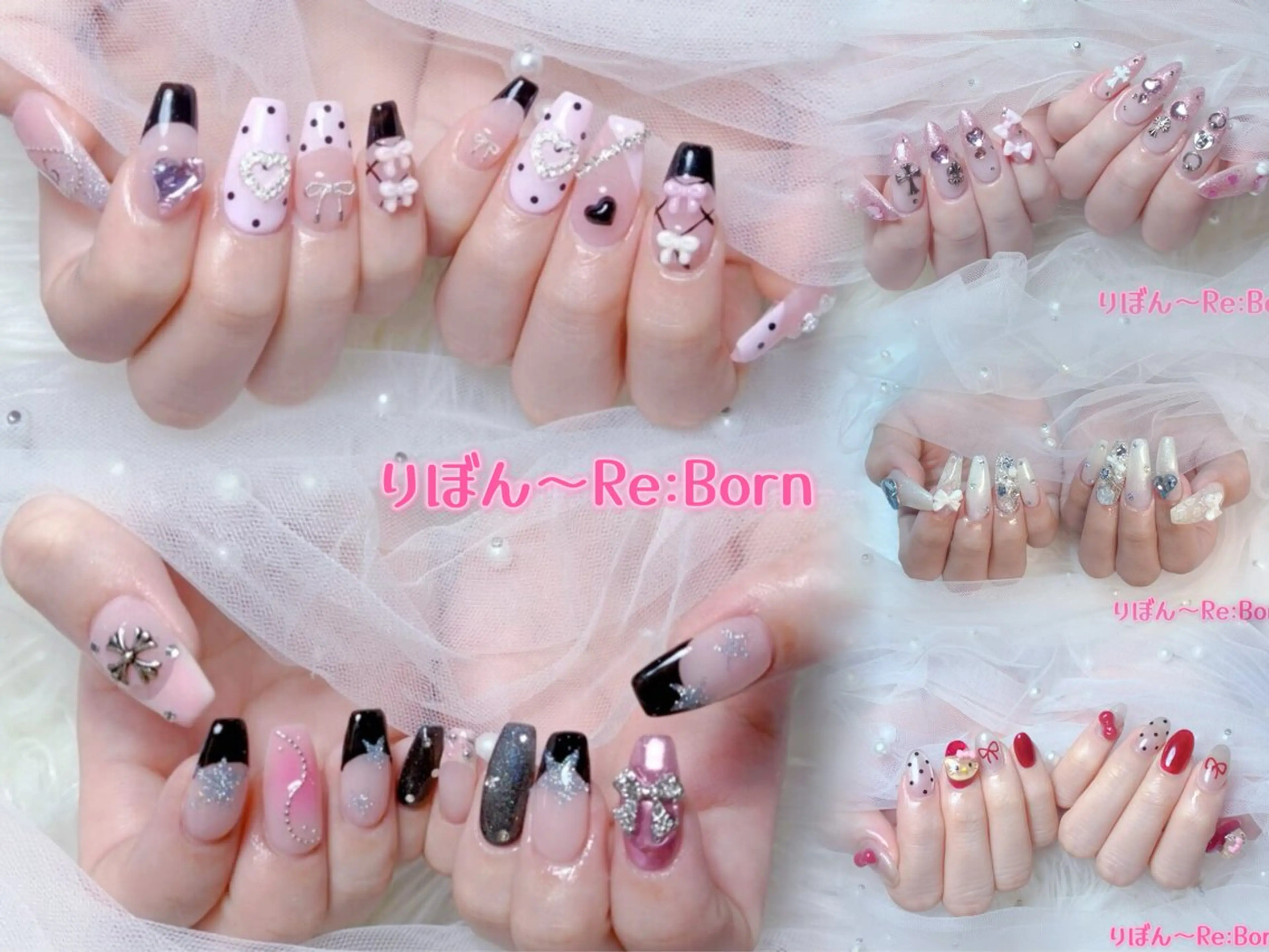 ミディアム フレンチガーリー クリスマス ハンドネイル りぼん Re:Bonrのネイルデザイン