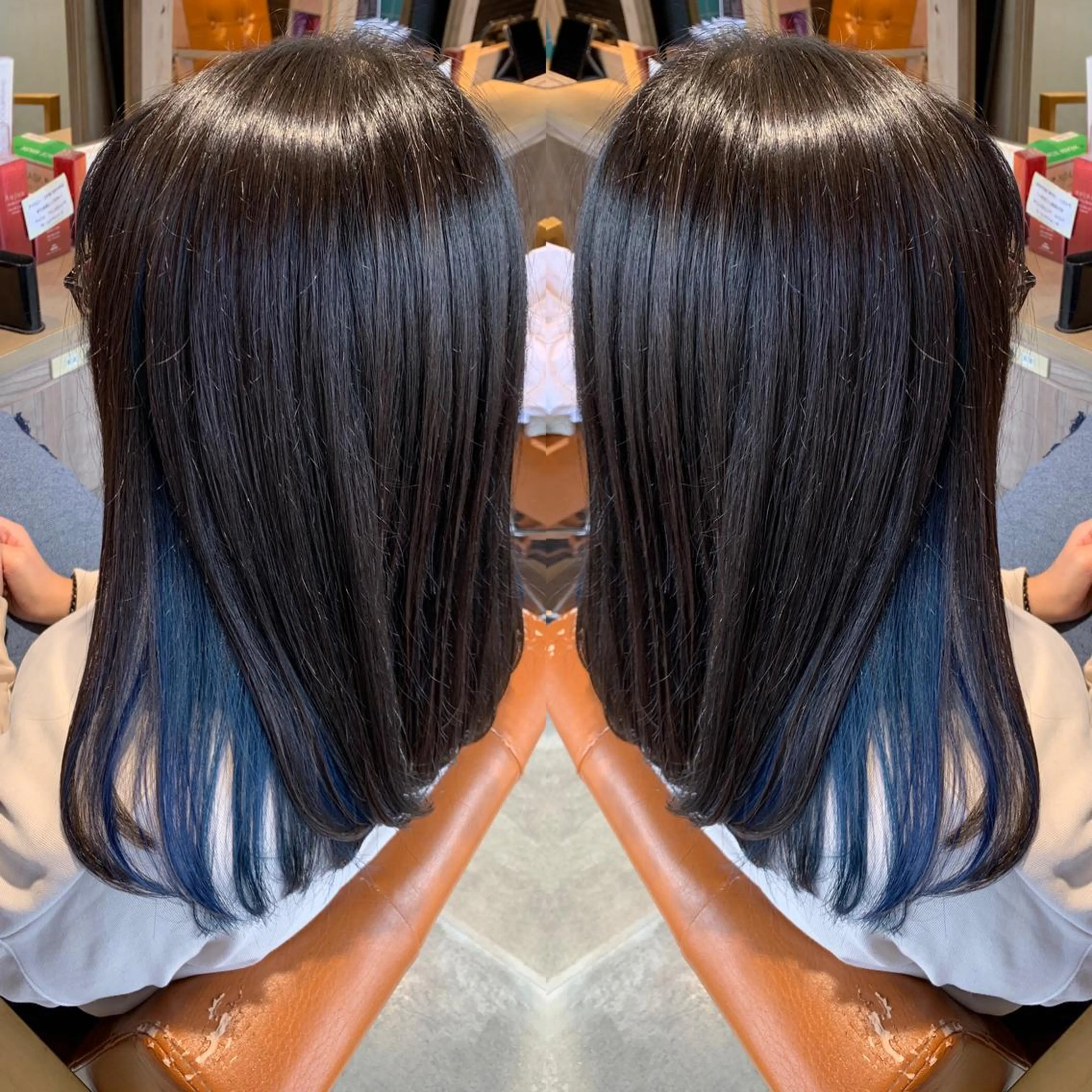 セミロング カラー 黒髪 ブルーカラー ブルーブラック ネイビーカラー 韓国🇰🇷 ✂︎hair 内田愛のヘアスタイル