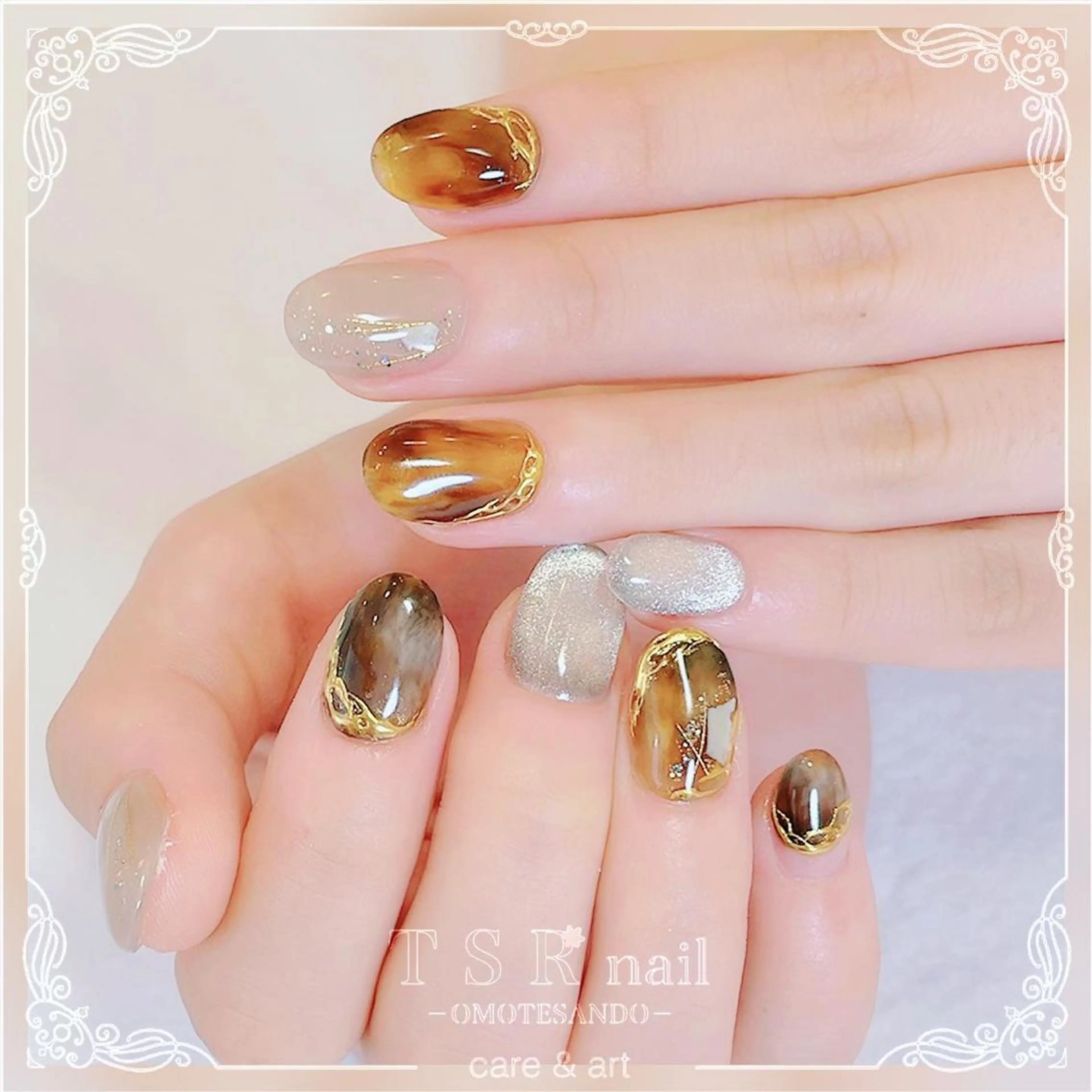 ネイル べっ甲ネイル 卒業式 マグネットネイル ピンク ハンドネイル ハンドケア 爪咲 りり花のネイルデザイン