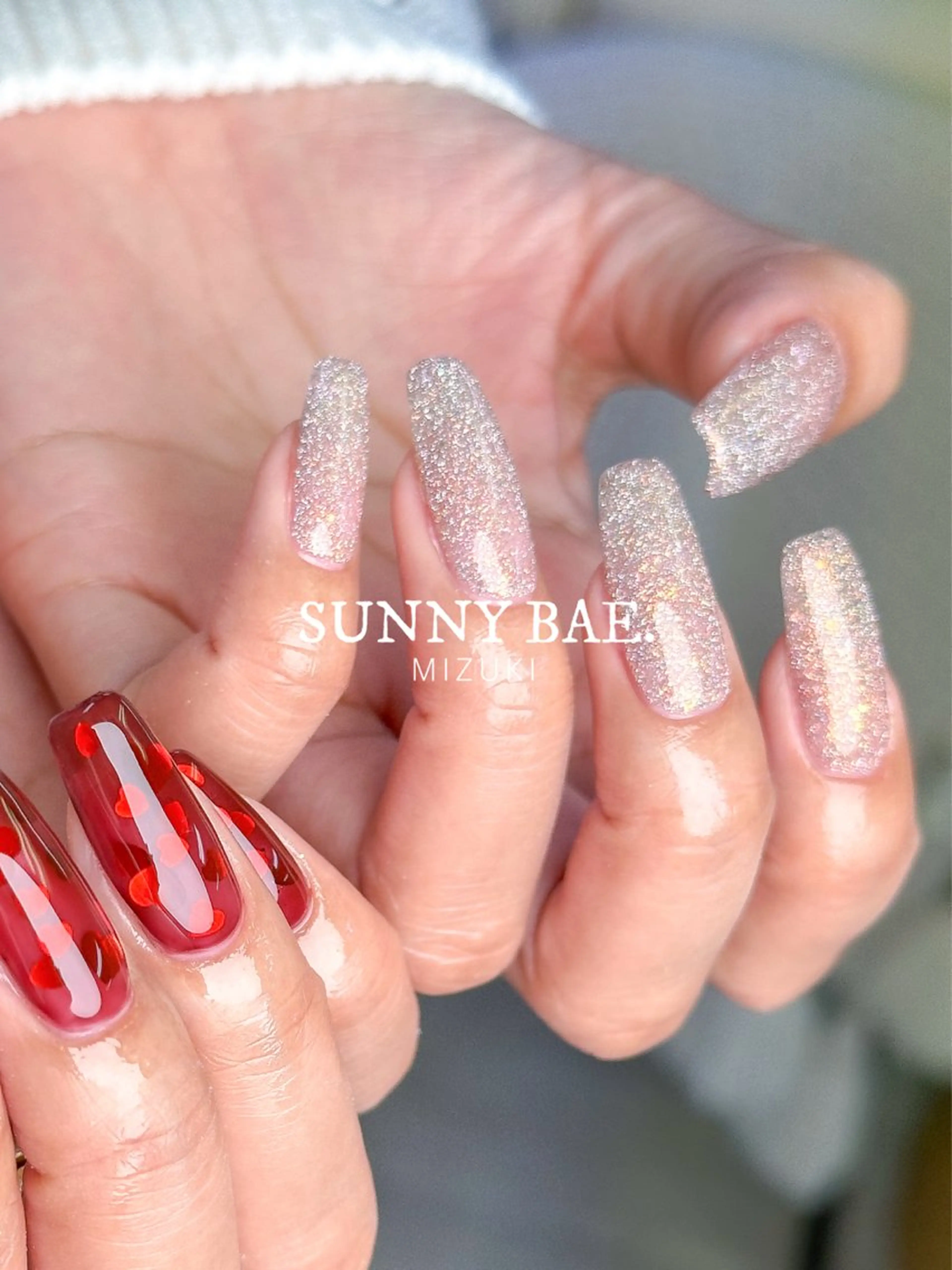 ネイル 長さ出し フラッシュネイル ハート ロングネイル スカルプネイル SUNNY BAE. 🌼MIZUKIのネイルデザイン