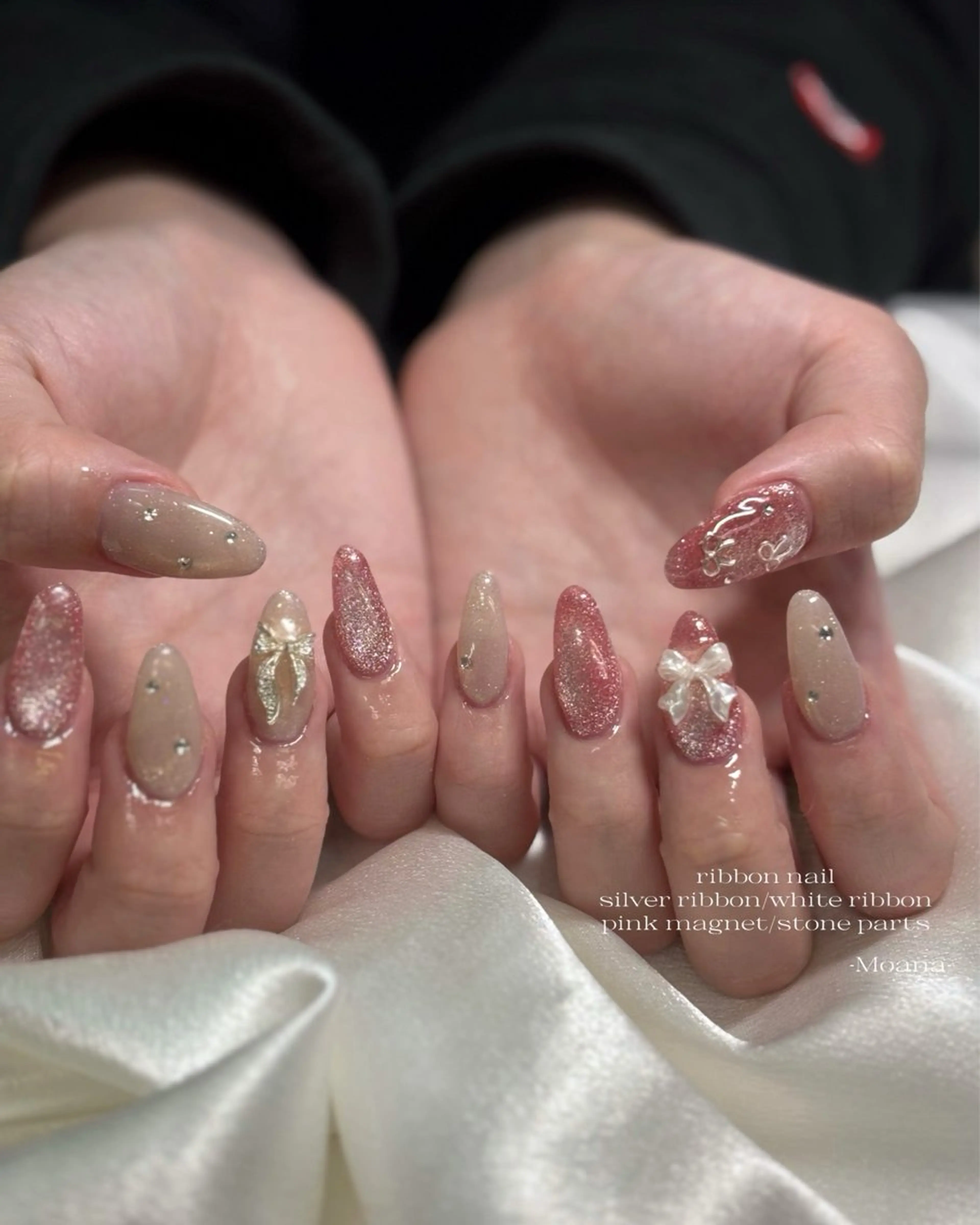 ネイル 長さ出し マグネットネイル ピンク リボン 春ネイル ハンドネイル Moana nail Hiyoriのネイルデザイン