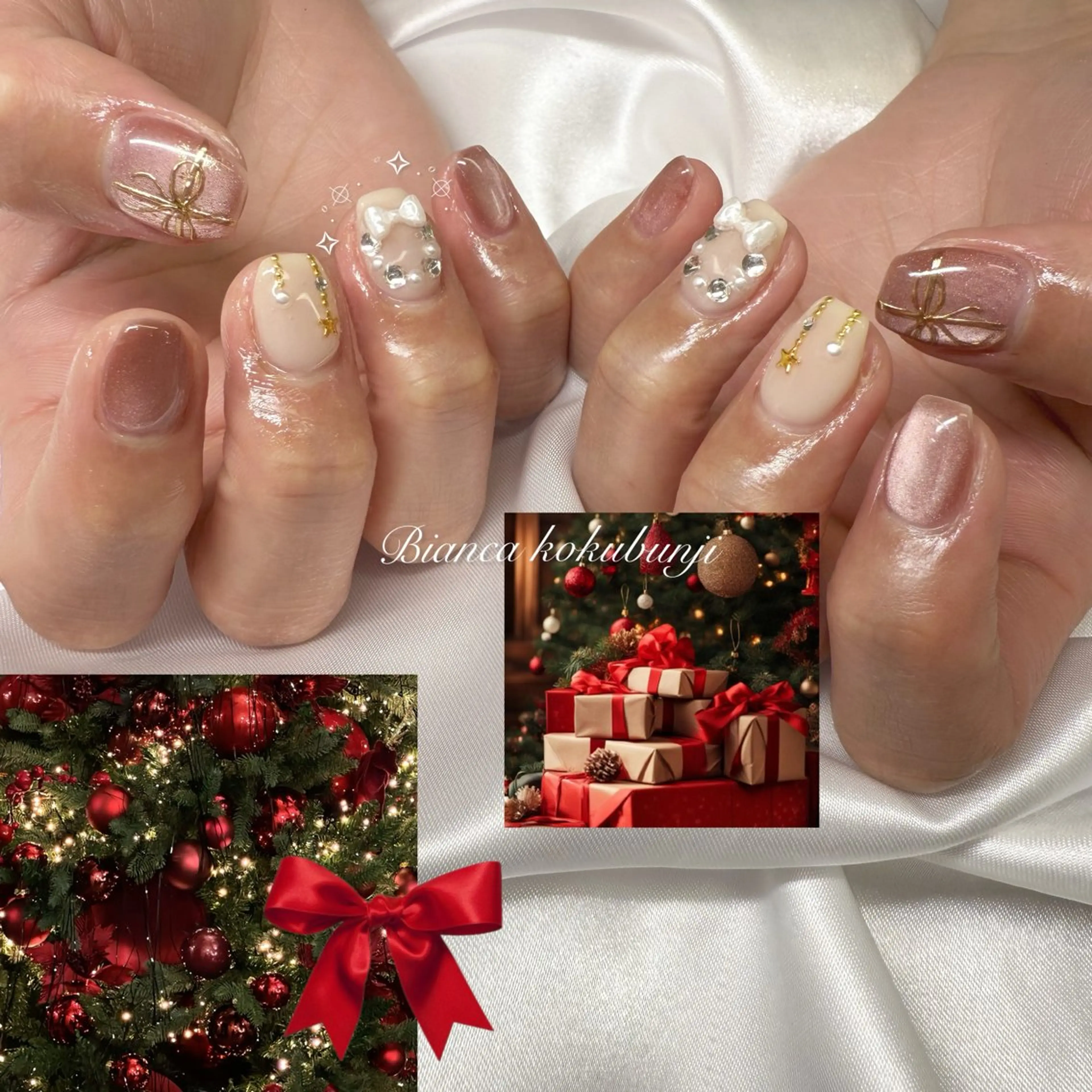 ネイル 持ち込み リボン 冬ネイル クリスマス ハンドネイル Bianca☁国分寺 🤍店長/黒木愛美のネイルデザイン