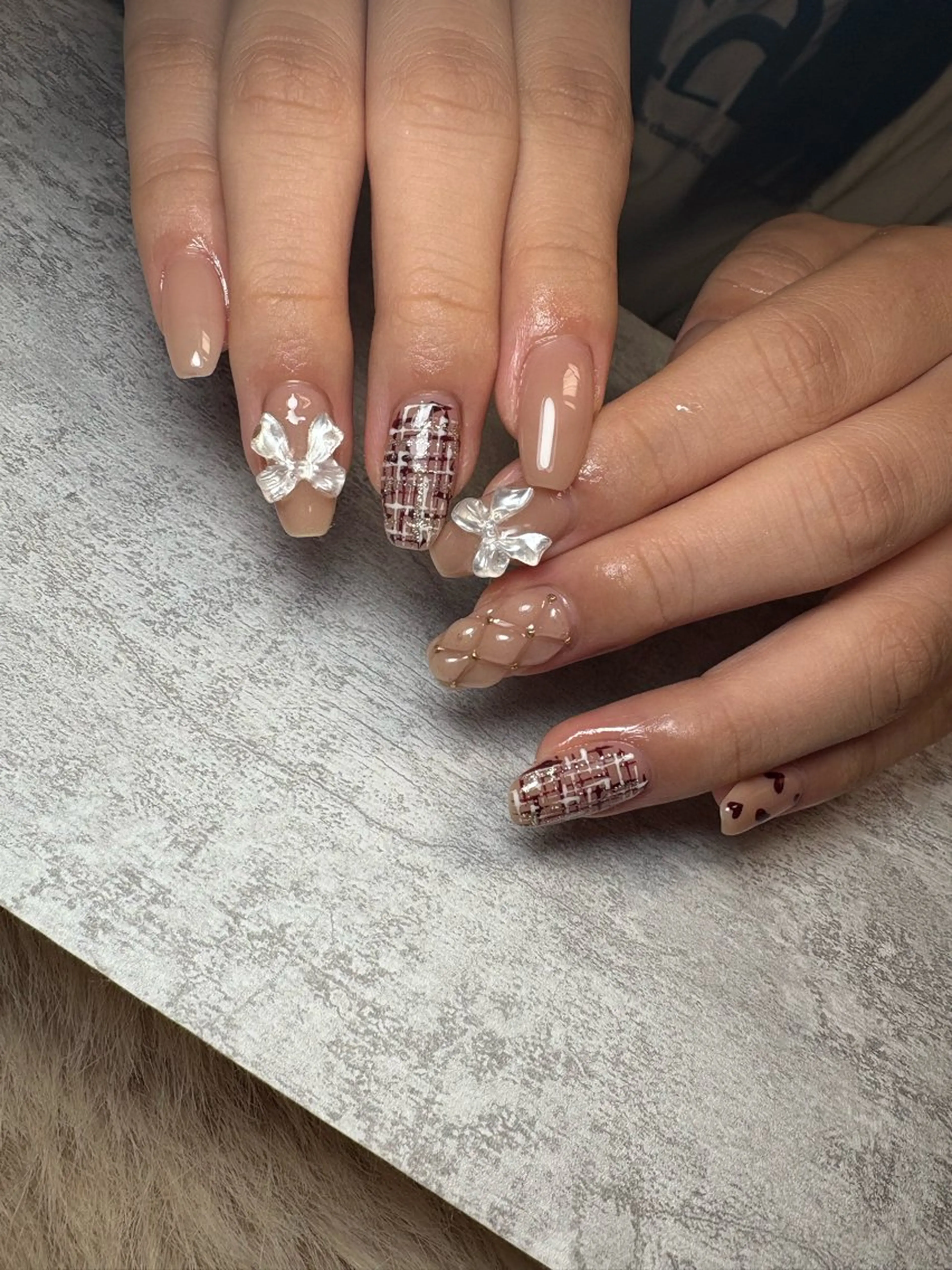 ネイル ハート 持ち込み リボン ツイードネイル BEAUTY GARDEN 【nail salon unseul】所属・nana .のネイルデザイン