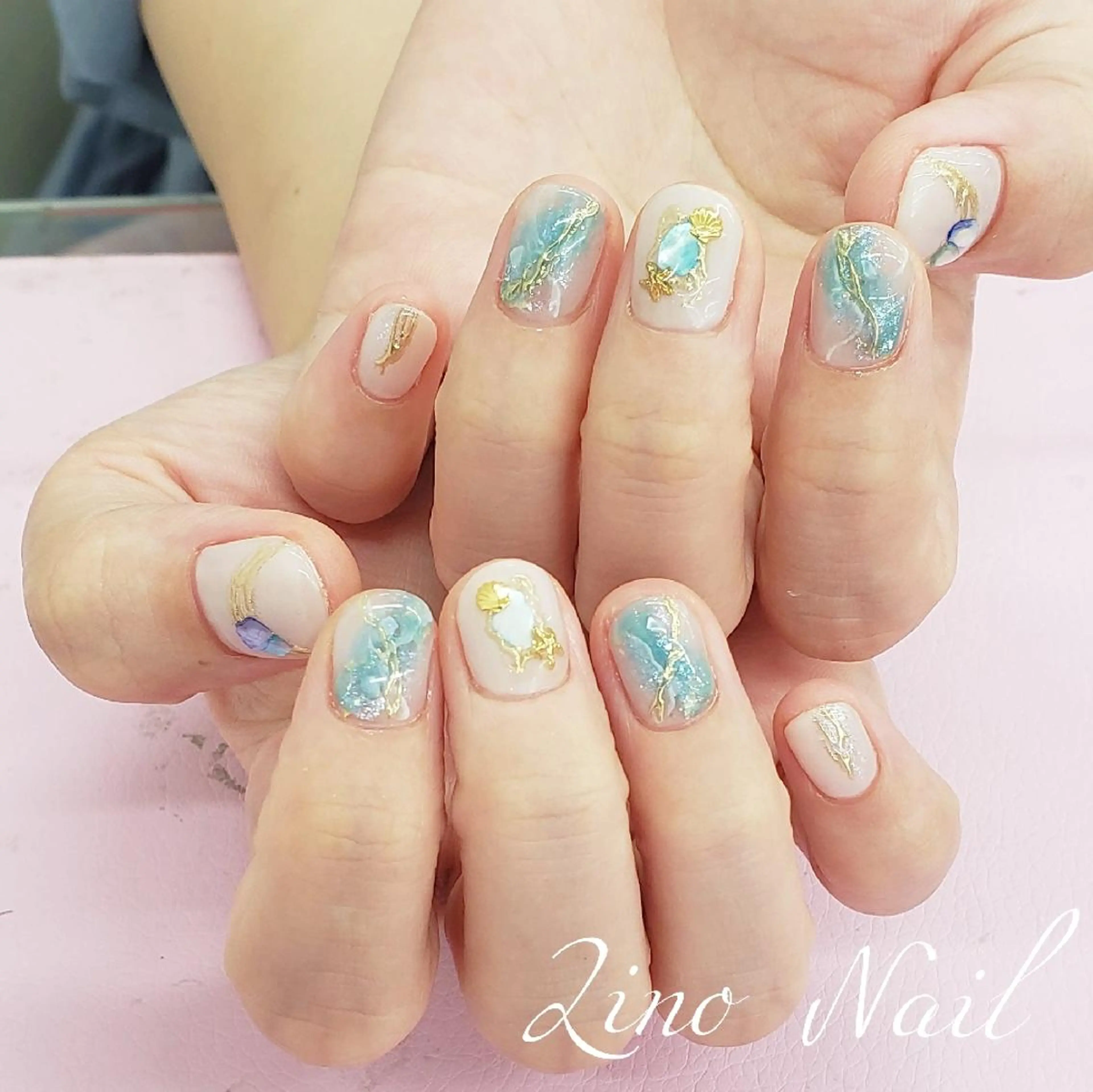 ネイル ブルー カジュアル ジェルネイル 大理石ネイル(マーブル) ミラーネイル ハンドネイル Lino Nailのネイルデザイン