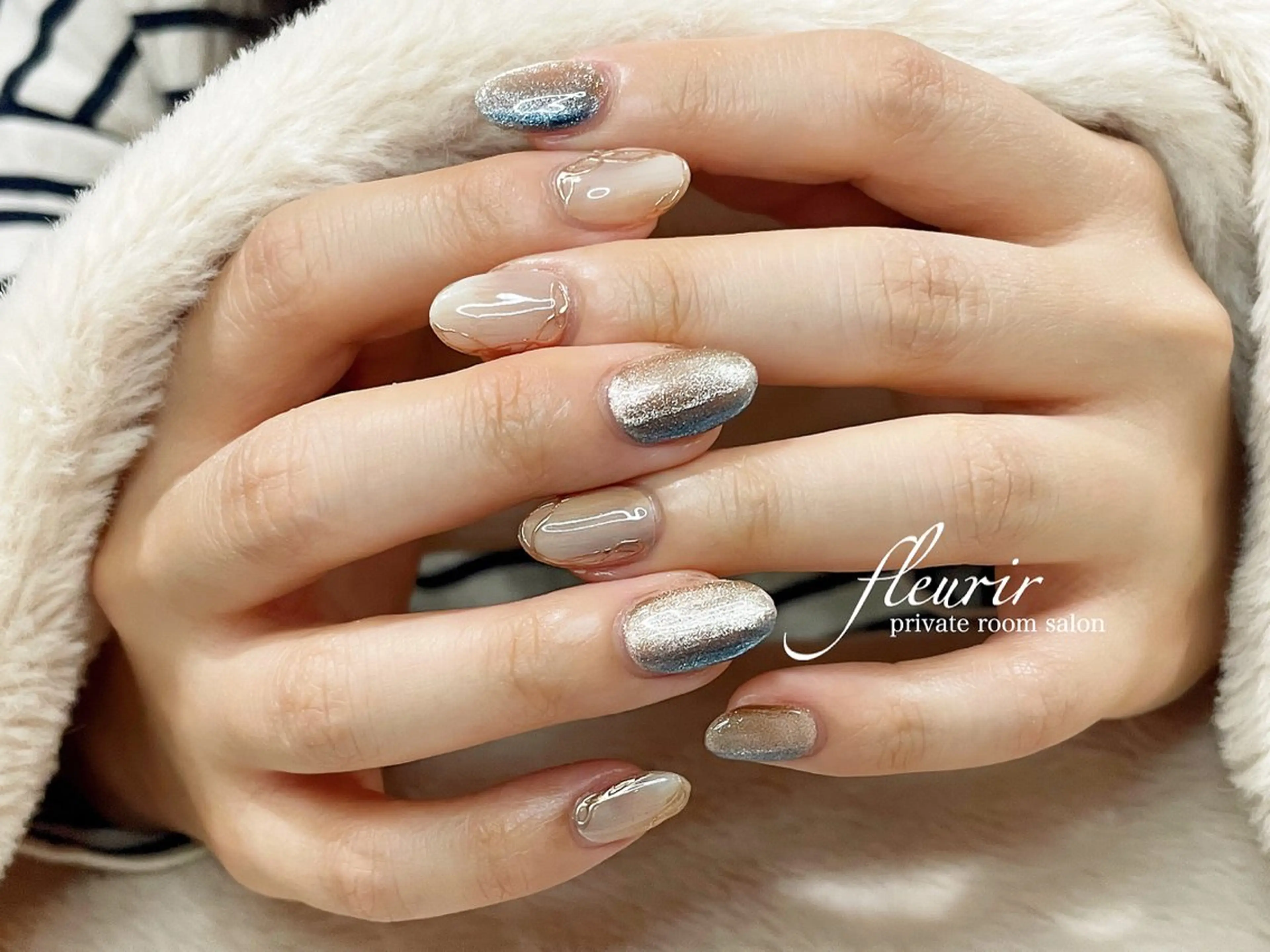 ネイル ブルー マグネットネイル ニュアンスネイル フルリール 【プライベートサロンのネイルデザイン