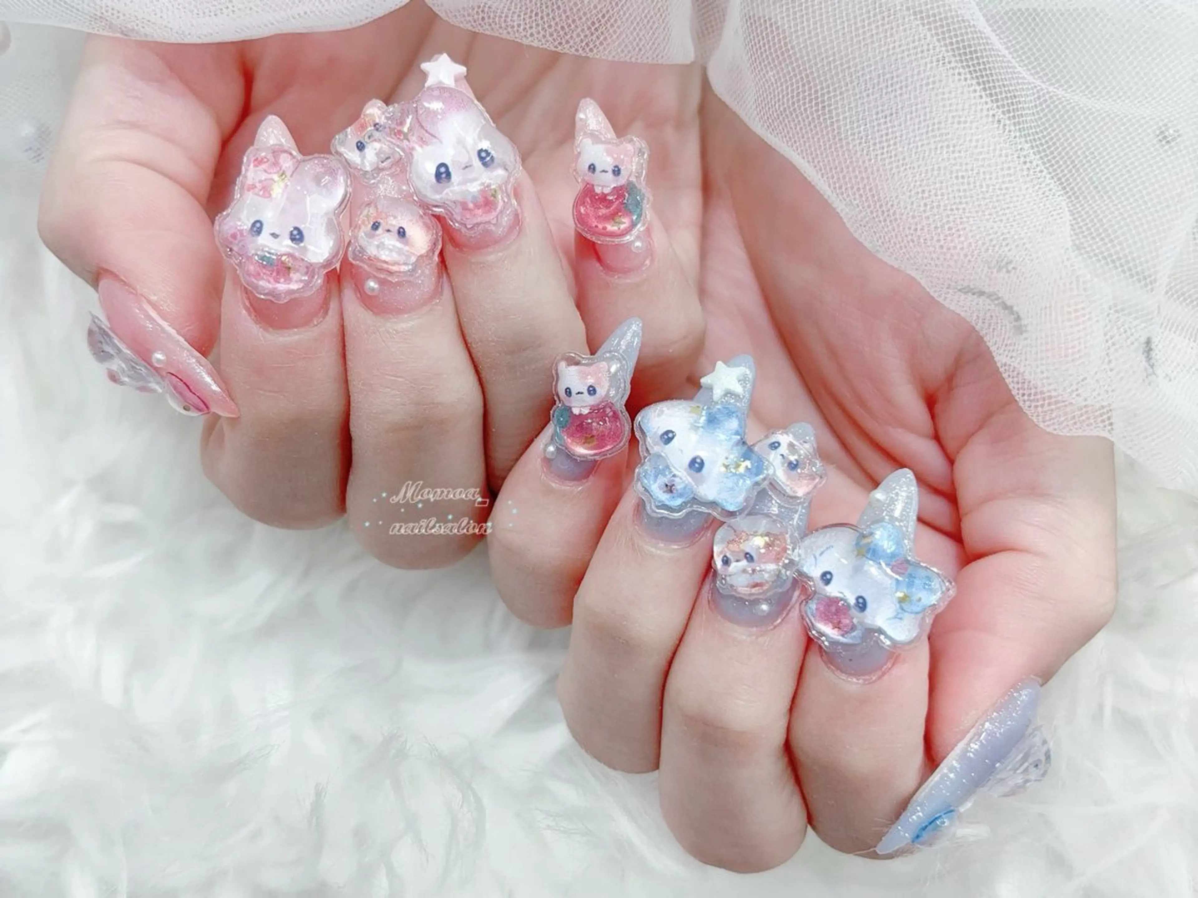 ネイル 成人式 マグネットネイル 大理石ネイル(マーブル) リボン 夏ネイル ハンドネイル MoMoA Nail ネイル長さ出し専門店のネイルデザイン