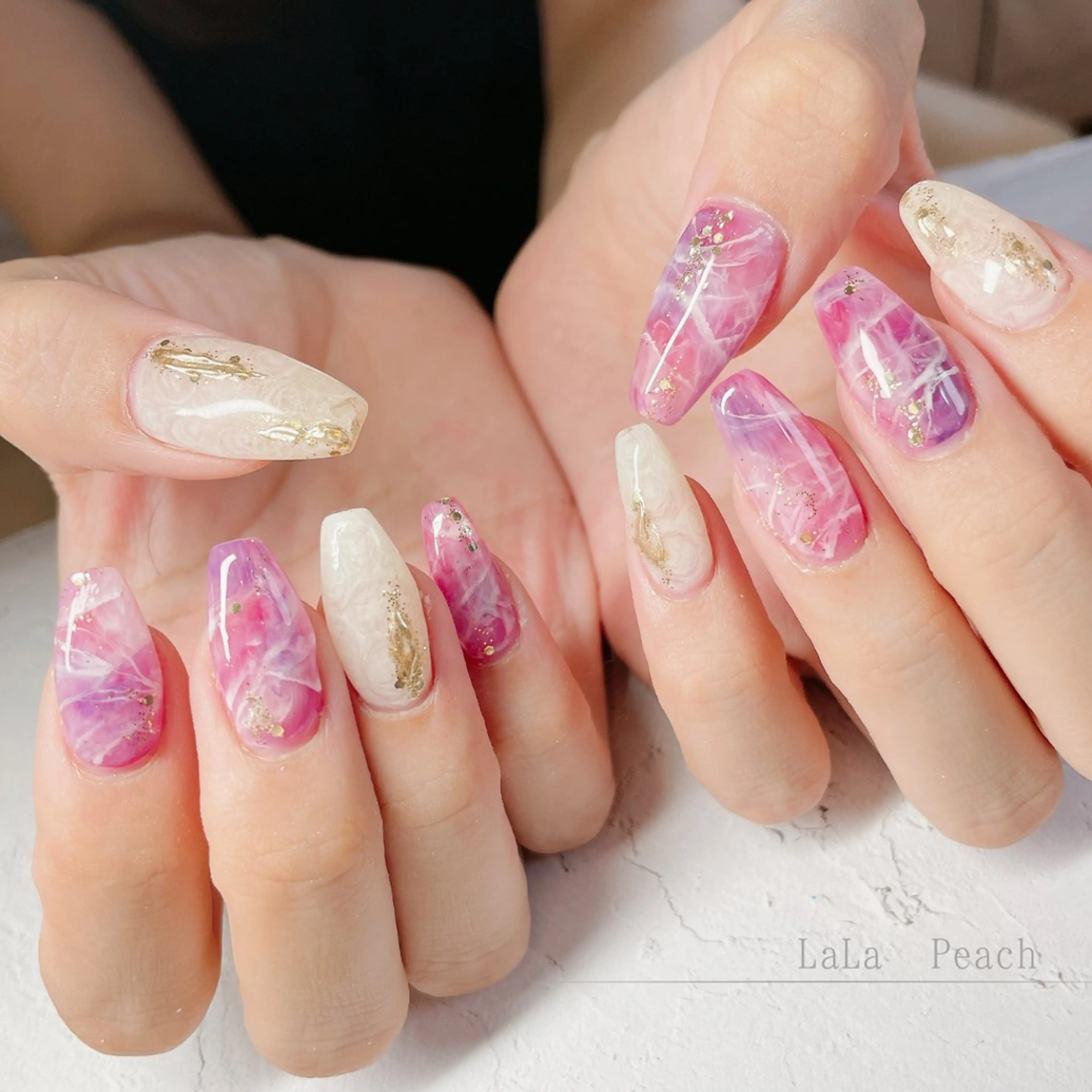ネイル ジェルネイル 大理石ネイル(マーブル) ニュアンスネイル ピンク パープル ハンドネイル LaLa Peach 福岡のマツエク・マツパデザイン