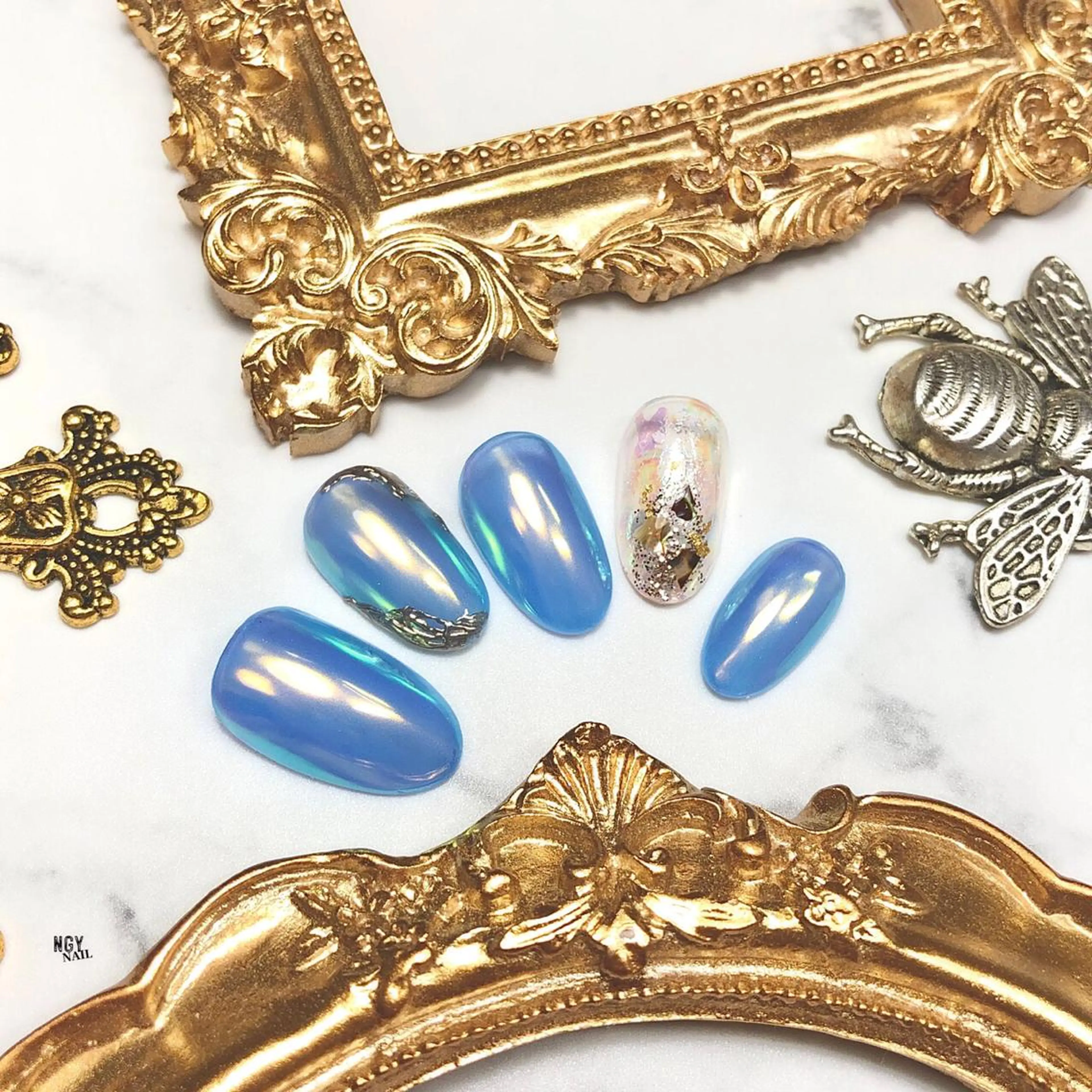 ネイル オーロラネイル ブルー クリアネイル ジェルネイル 韓国ネイル ハンドネイル NAIL NOWのネイルデザイン