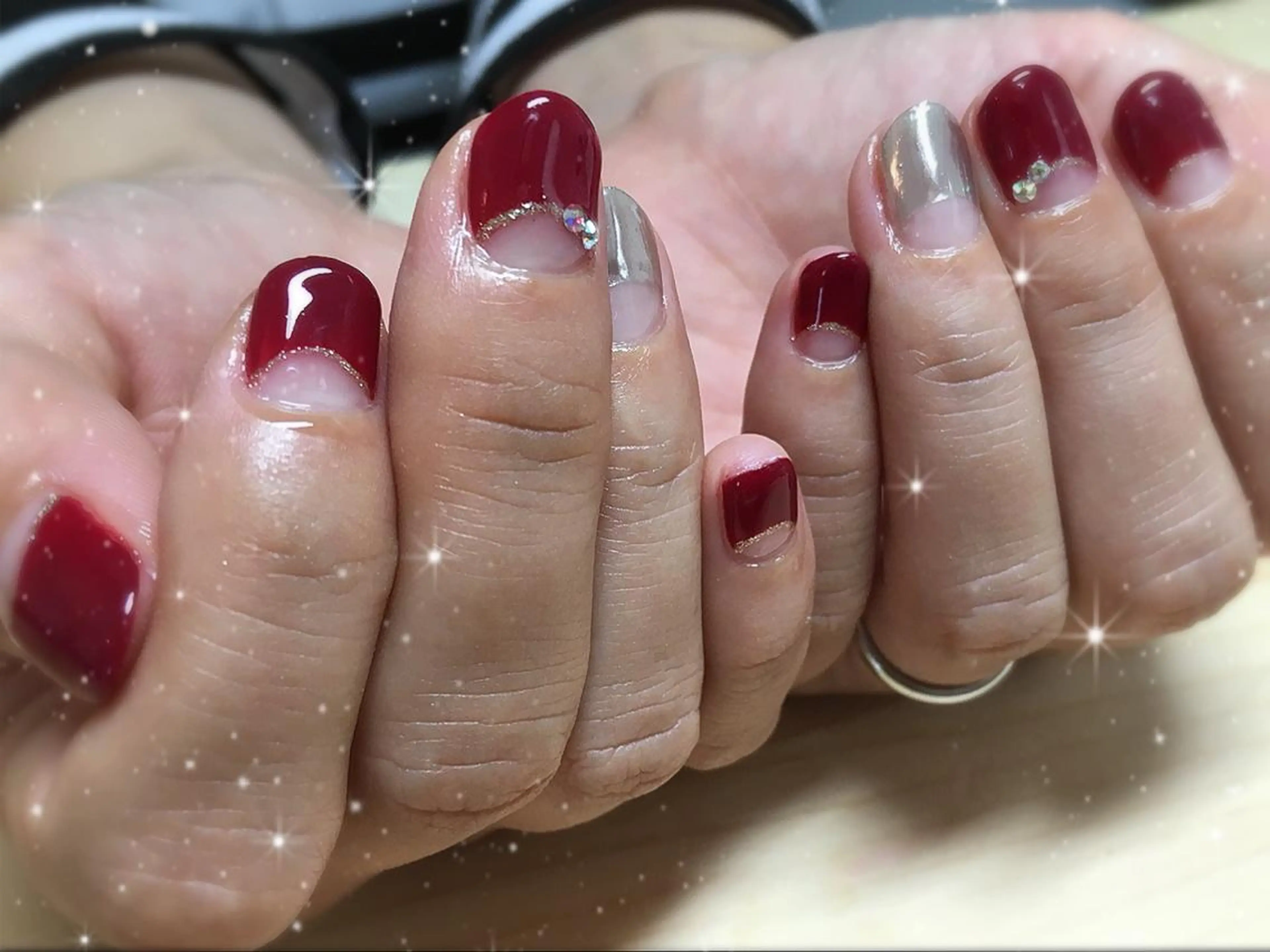 ネイル ボルドー フレンチネイル ミラーネイル 逆フレンチ CULU -LUのネイルデザイン