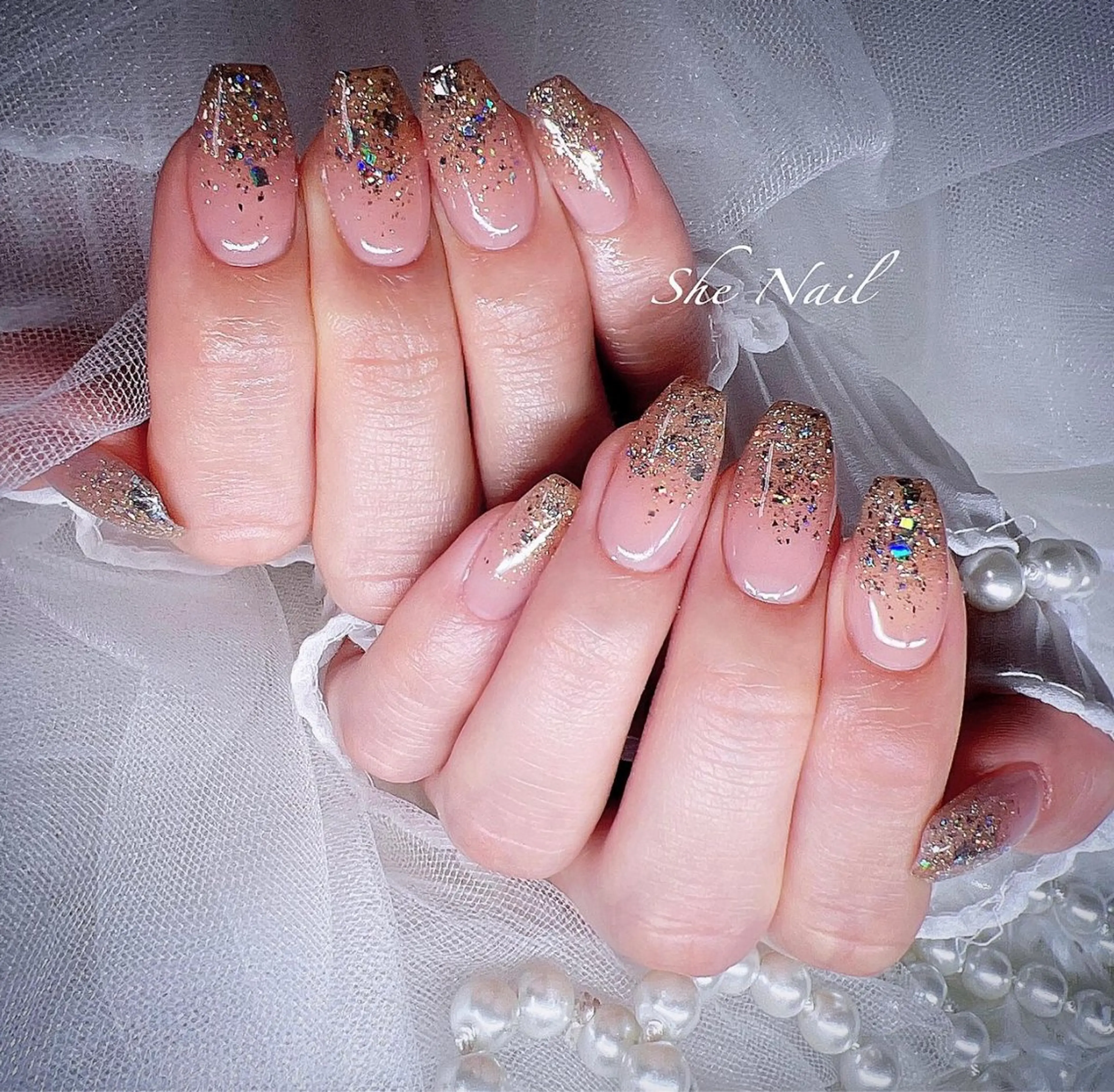 ネイル チークネイル 長さ出し フレンチネイル ガラスフレンチ グラデーション ハンドネイル She   Nail所属・ISA_ BELLAのネイルデザイン