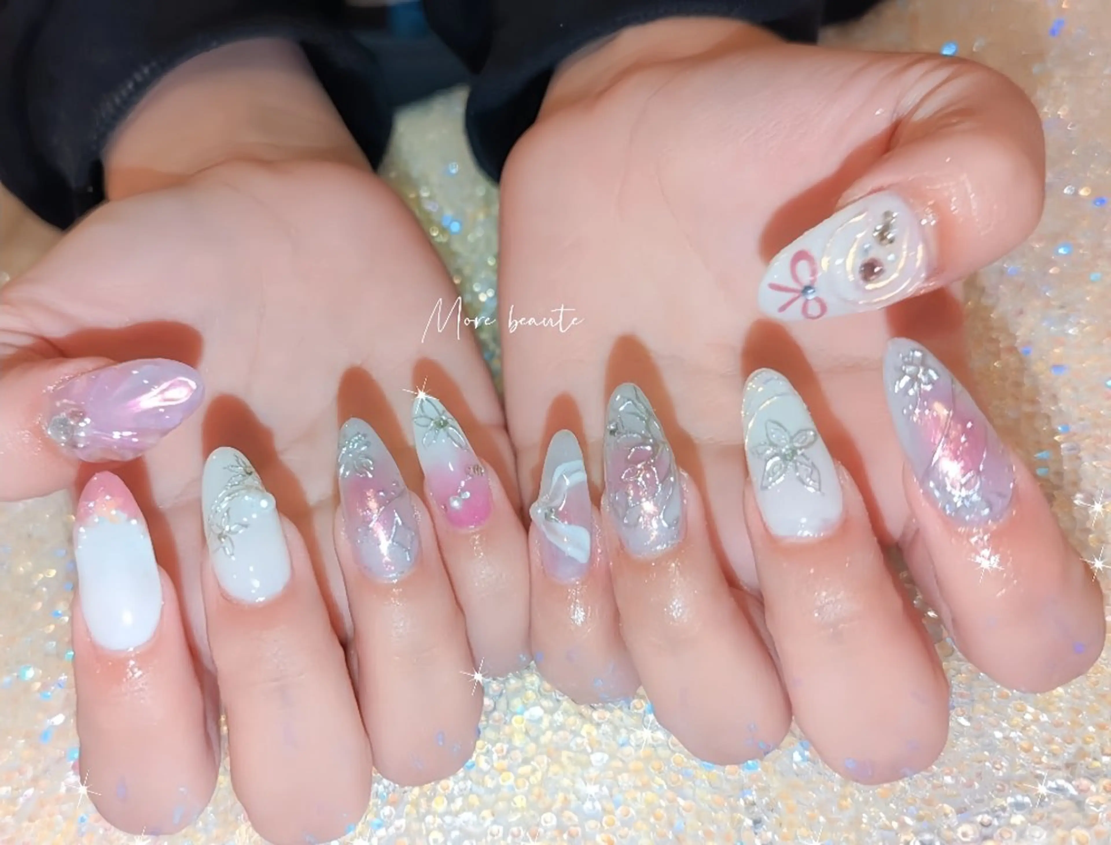 ネイル 桜ネイル 長さ出し ジェルネイル ハート 韓国ネイル I LOVE ME  NAIL.｡.:*♡のネイルデザイン