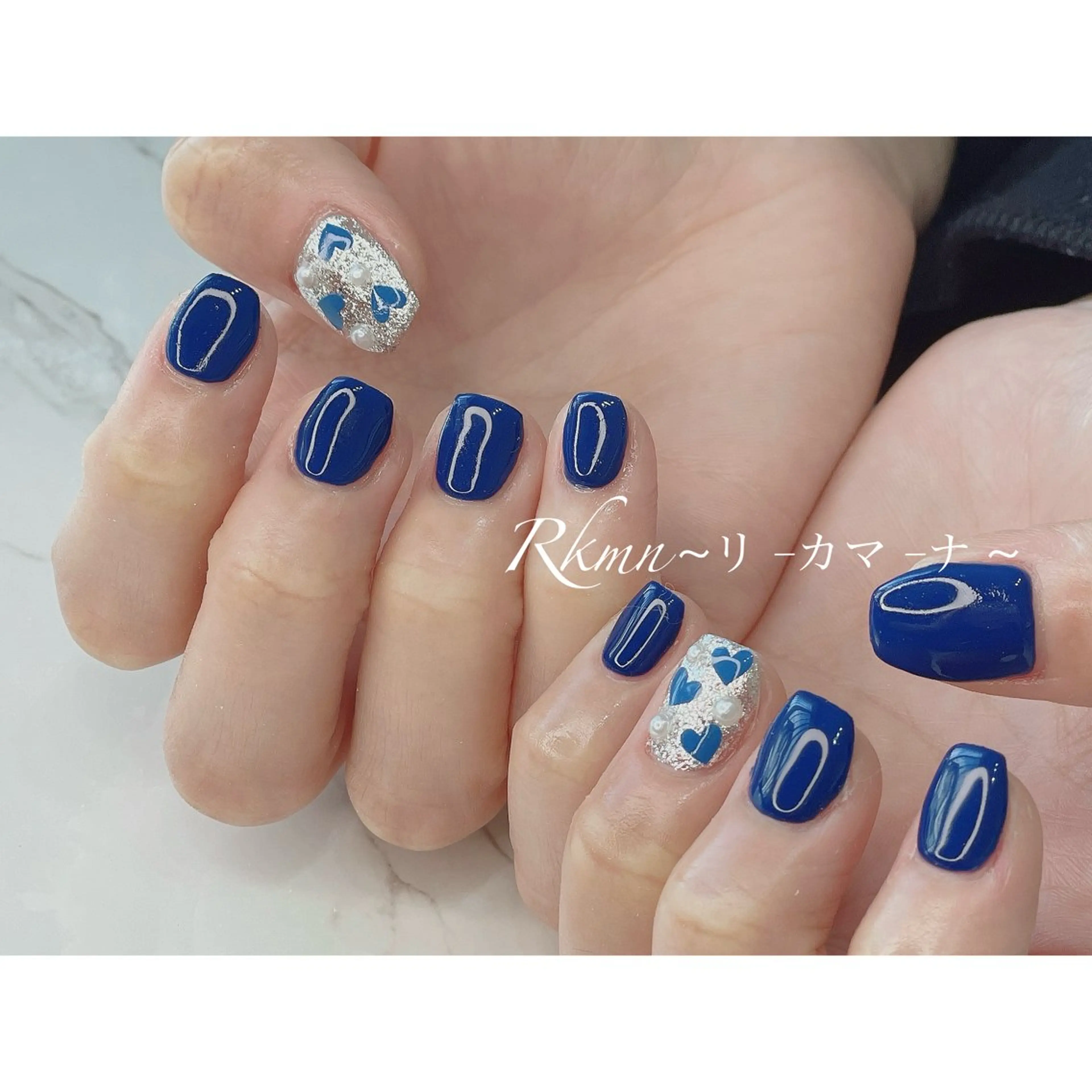 ネイル アートネイル ブルー ハート 持ち込み 春ネイル ハンドネイル フットネイル ハンドケア Rkmn ~リ-カマ-ナ~のネイルデザイン