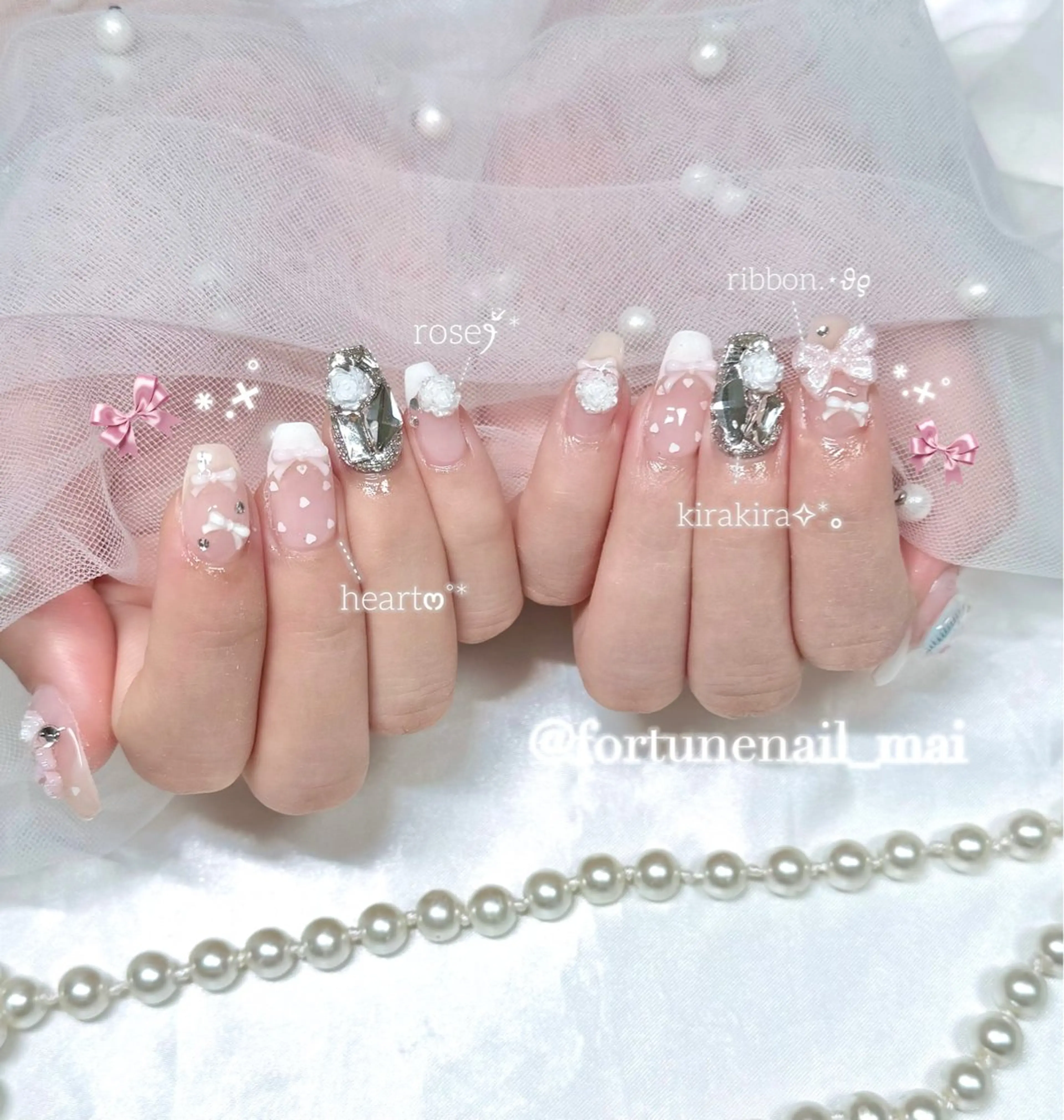 ネイル ガーリー ハート リボン ハンドネイル 🎀Mai 🎀2/1空✩.*のネイルデザイン