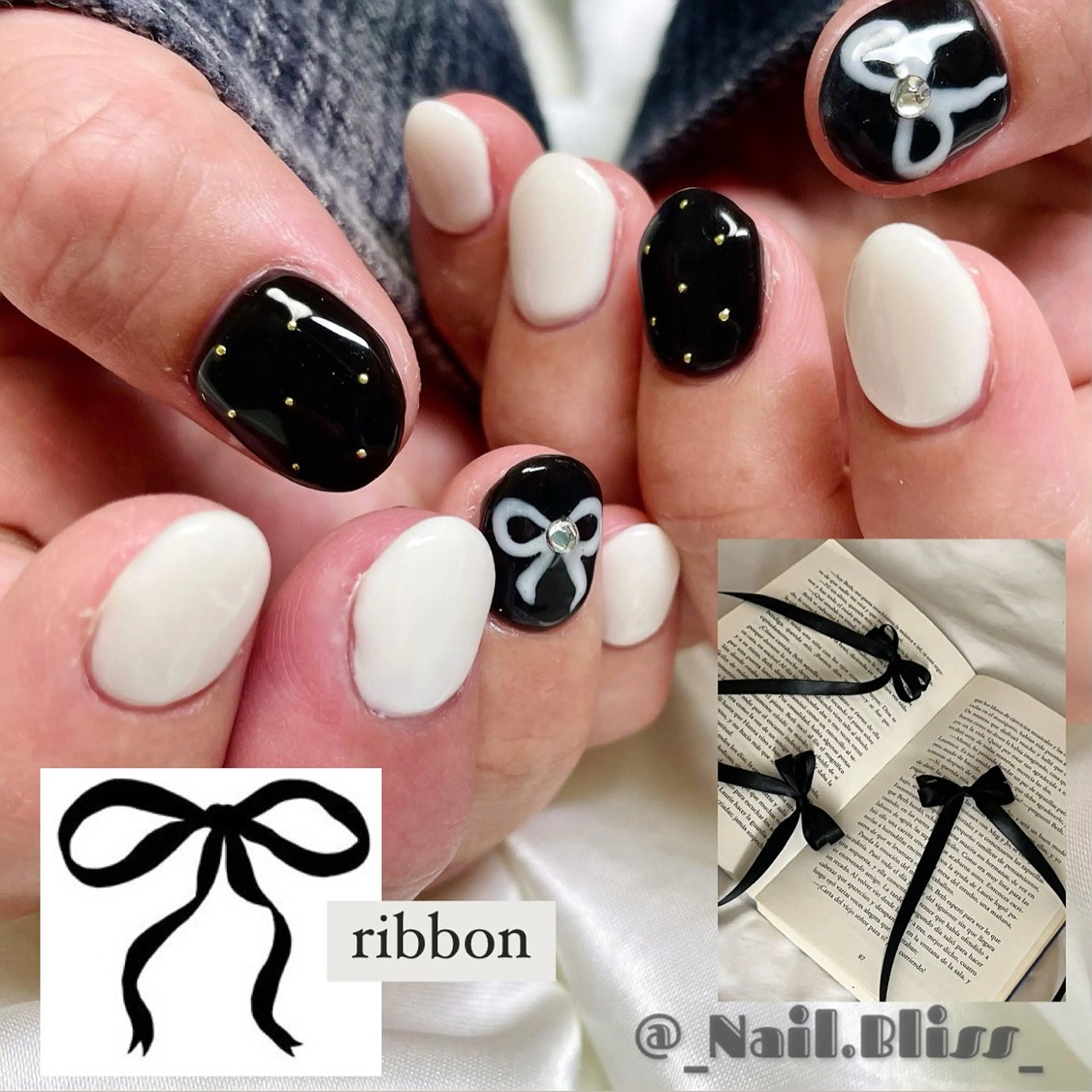 ネイル ドット ガーリー リボン シンプルネイル ハンドネイル NAIL BLISSのネイルデザイン