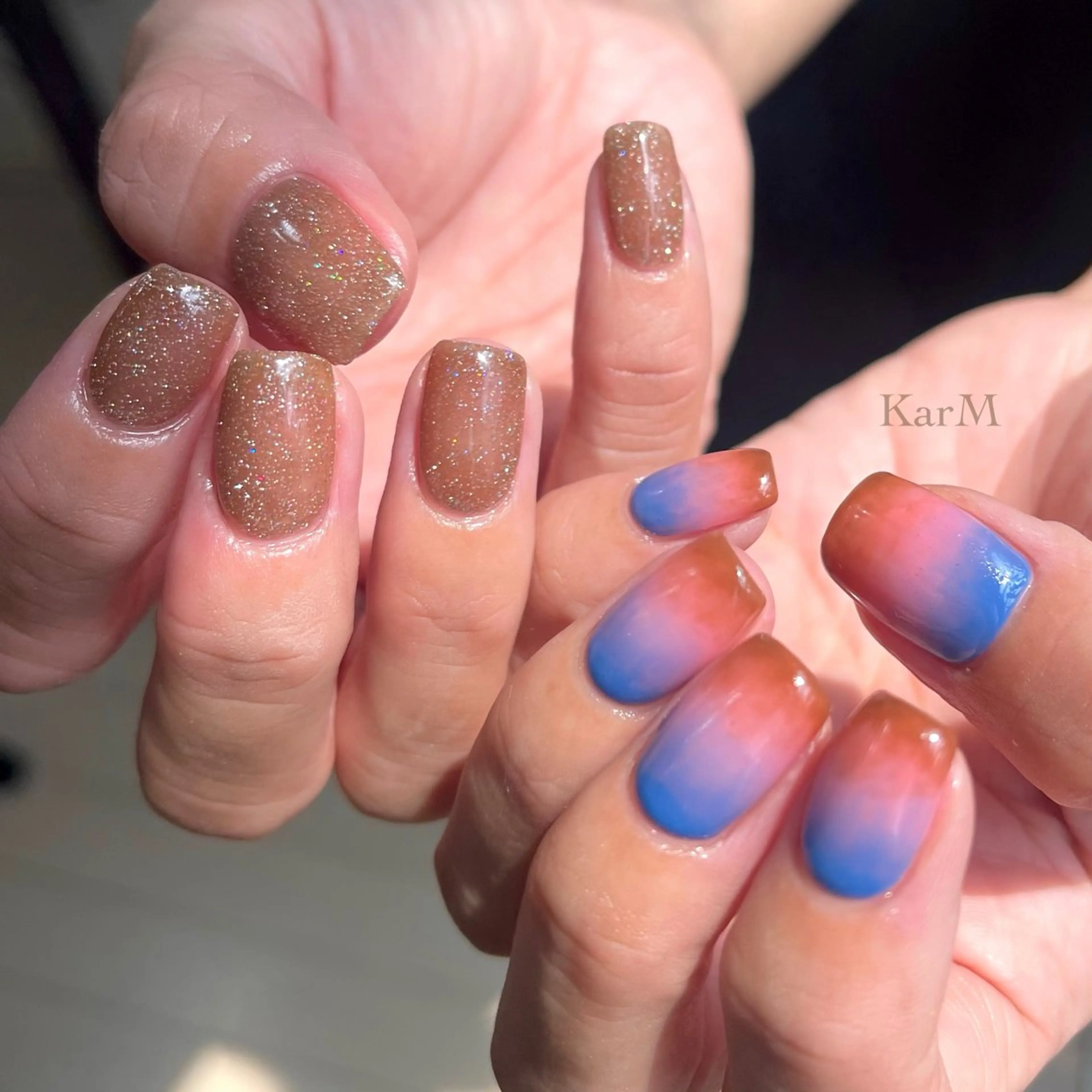 ネイル オーロラネイル ブラウン チークネイル フラッシュネイル フレンチネイル ハンドネイル ogino karinのネイルデザイン