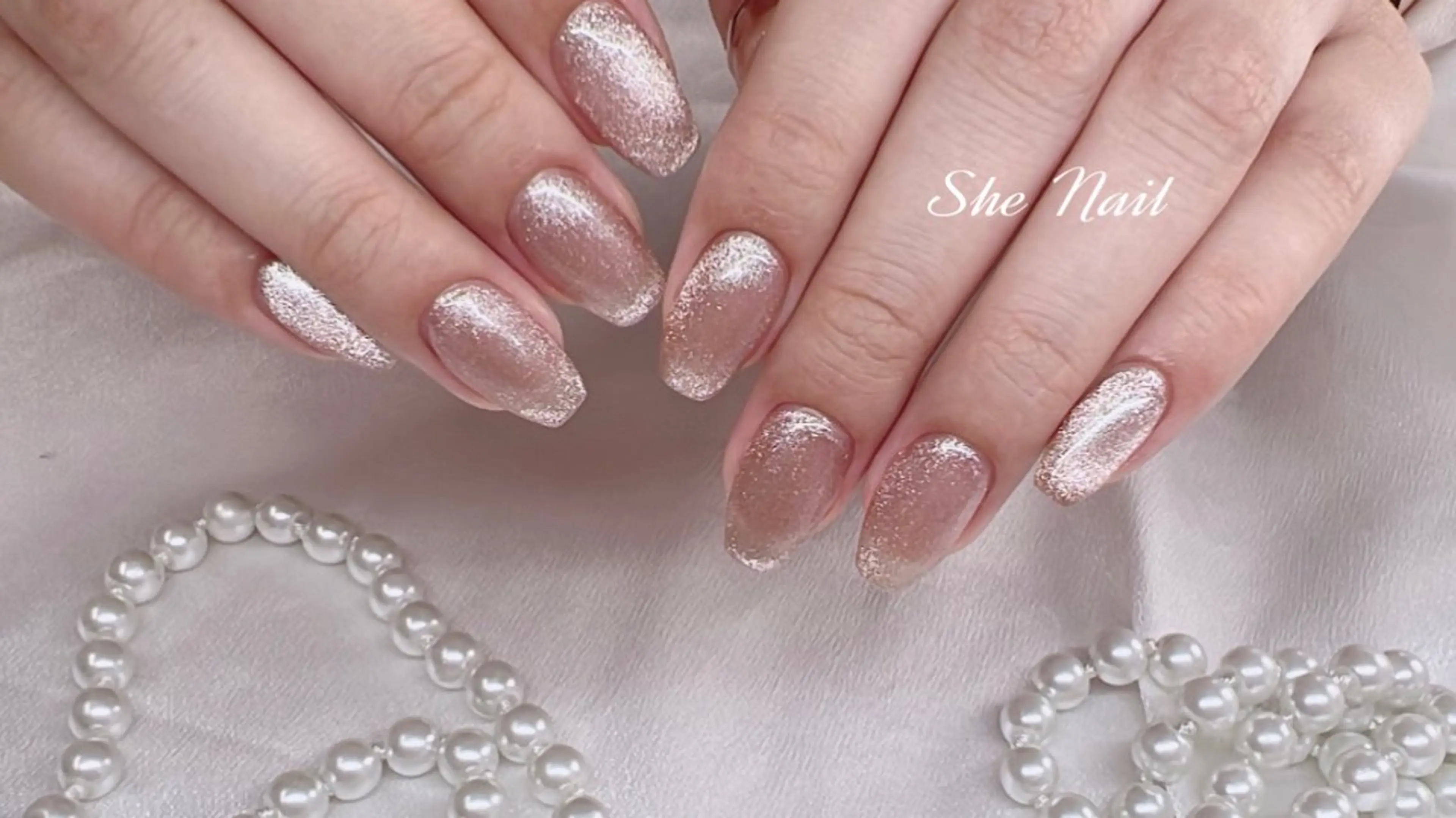 ネイル チークネイル 長さ出し フレンチネイル ハート キラキラネイル ハンドネイル She   Nail所属・ISA_ BELLAのネイルデザイン