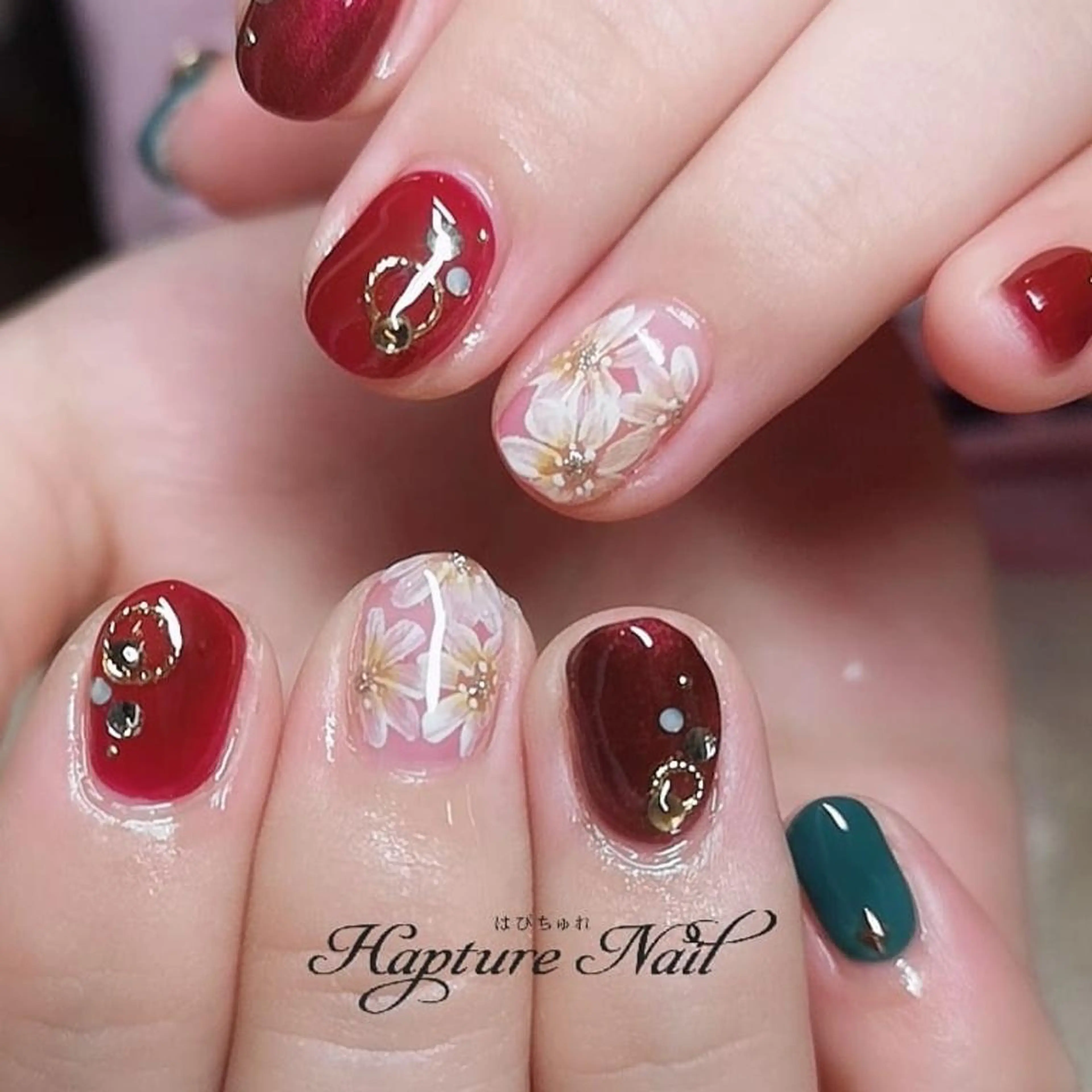 ネイル アニマル柄 アートネイル ボルドー グリーン マットネイル m- Hiroのネイルデザイン