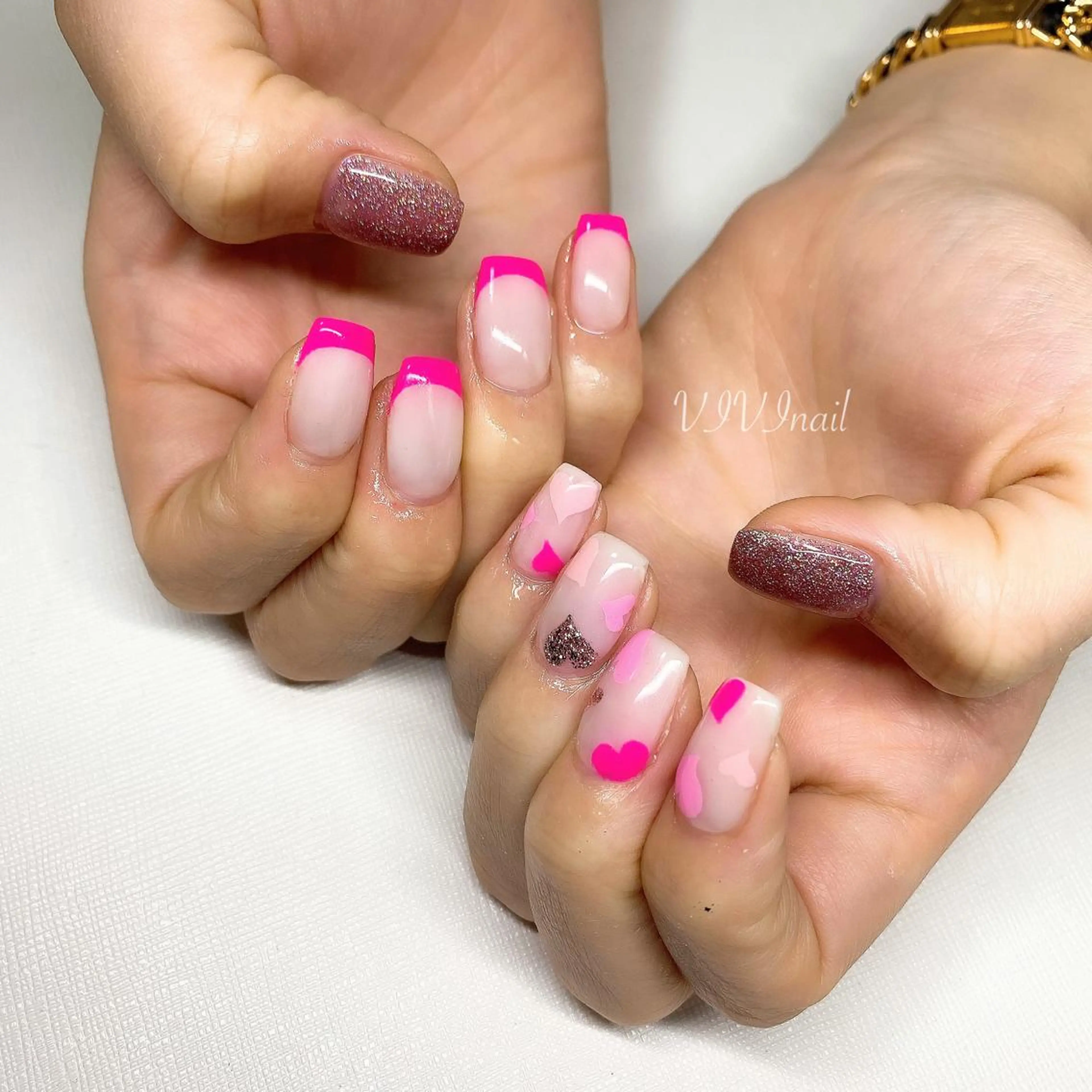ネイル フレンチネイル ハート ピンク ハンドネイル vivi nailのネイルデザイン
