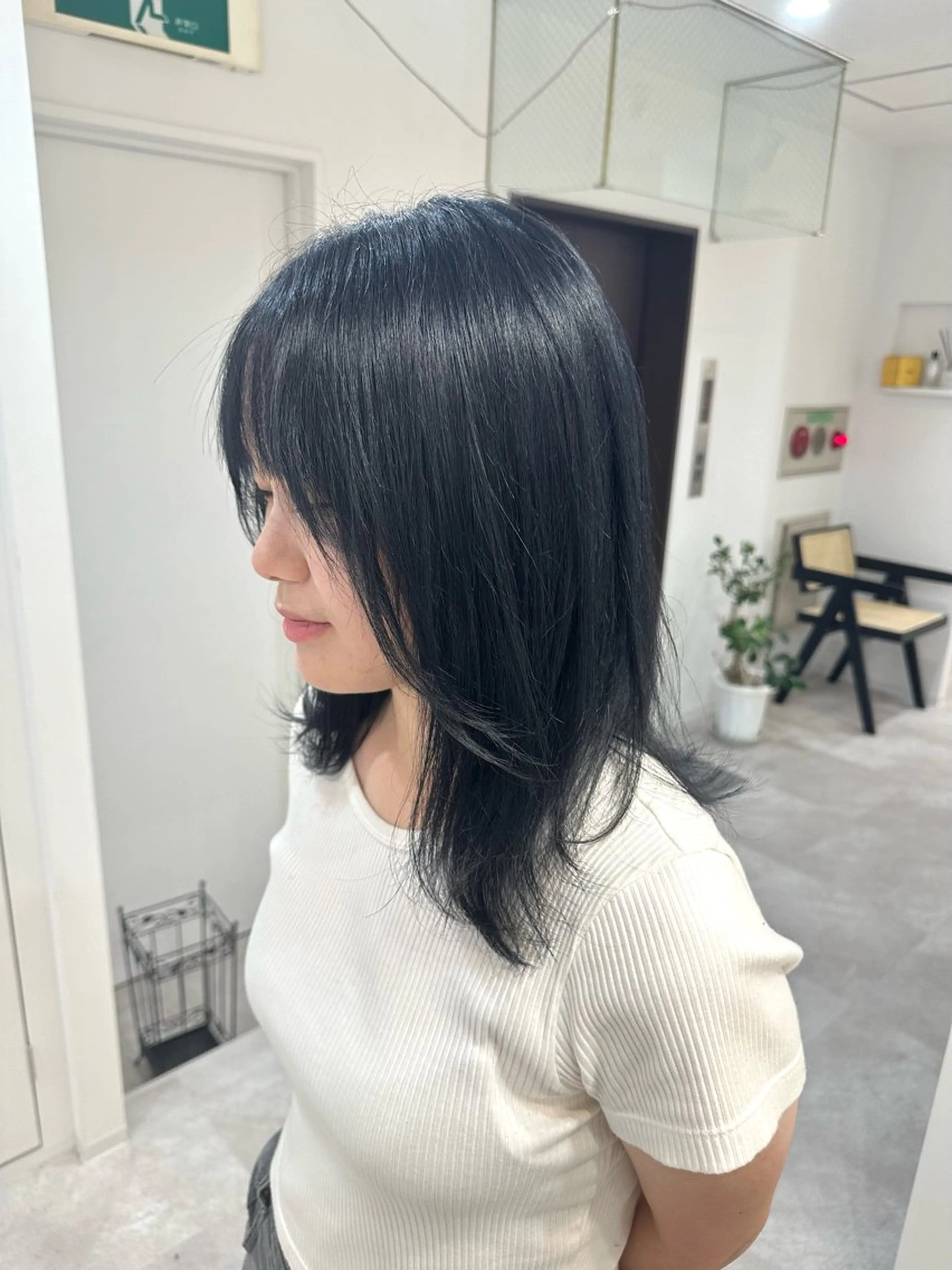 ミディアム カラー ヘアアレンジ 黒髪 ブルーカラー ブルーブラック ケアカラー トリートメント ヘアカラー トリートメント SALOWIN京都河原町Suite店所属・外国人風レイヤー/ ハイトーンSHUのヘアスタイル