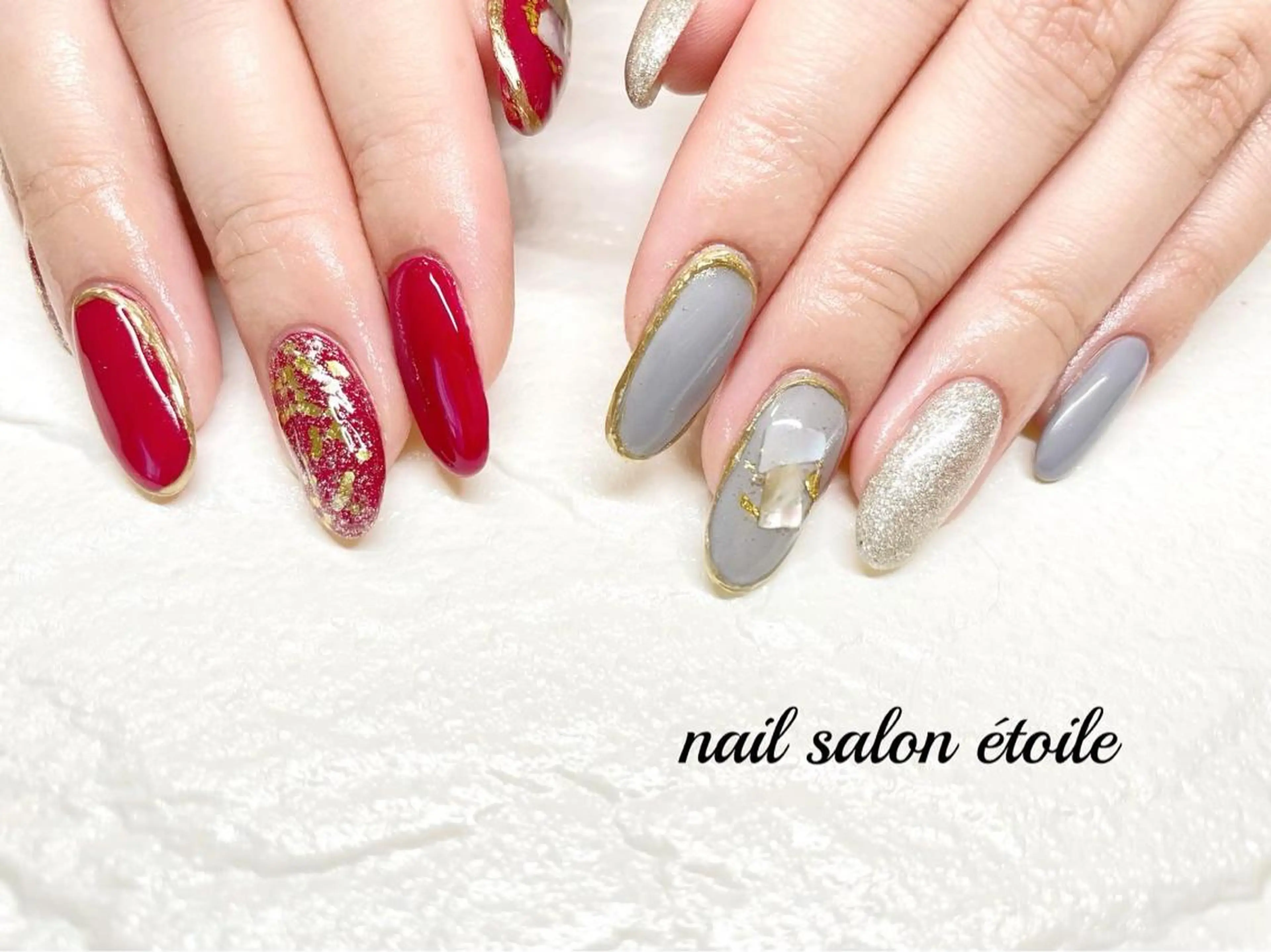 ネイル ゴールド ラメ(グリッター) ミラーネイル 赤色 ハンドネイル nail salon étoileのネイルデザイン