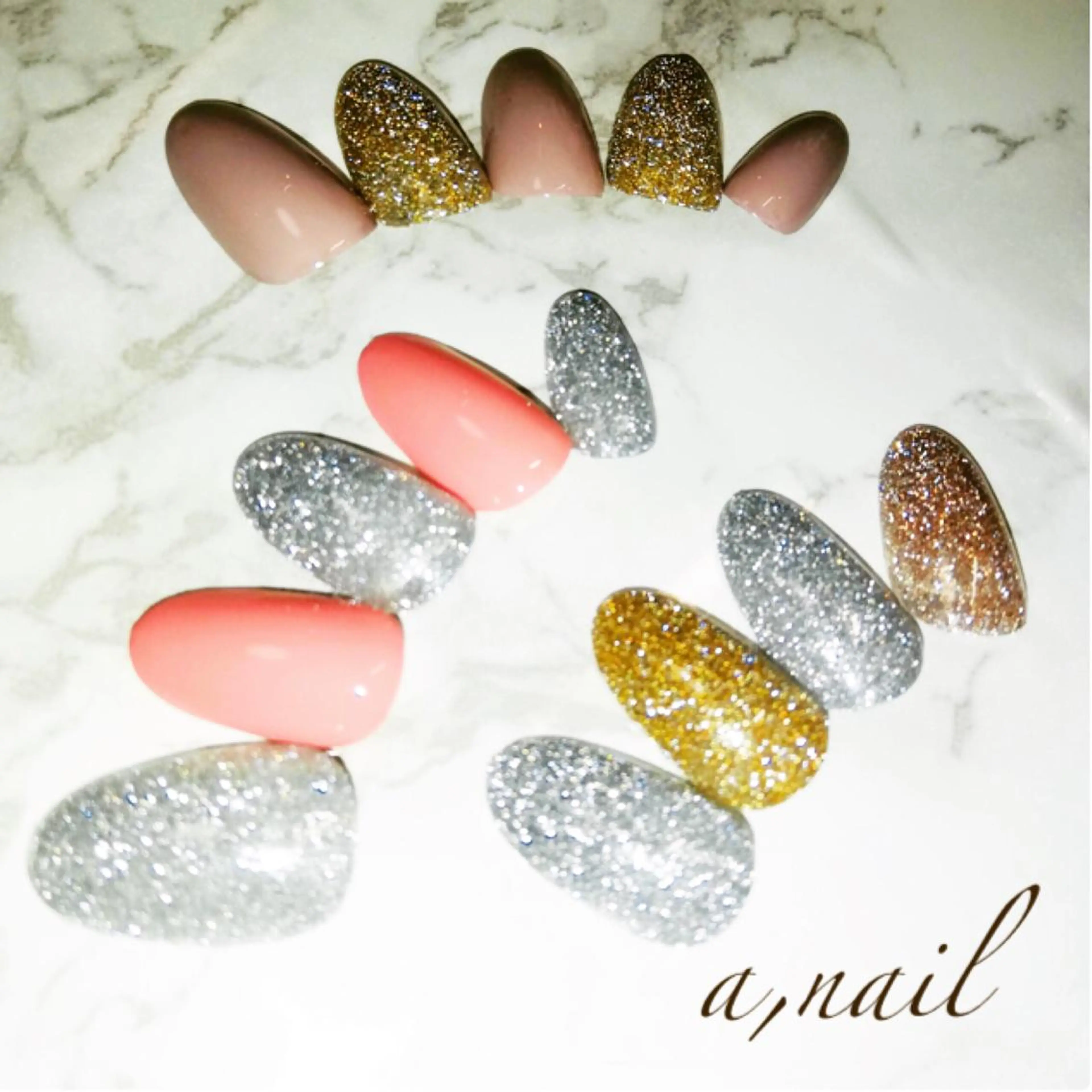 ネイル フラッシュネイル ゴールド ラメ(グリッター) ワンカラーネイル シルバー フットネイル ネイルサロン エーネイルのネイルデザイン