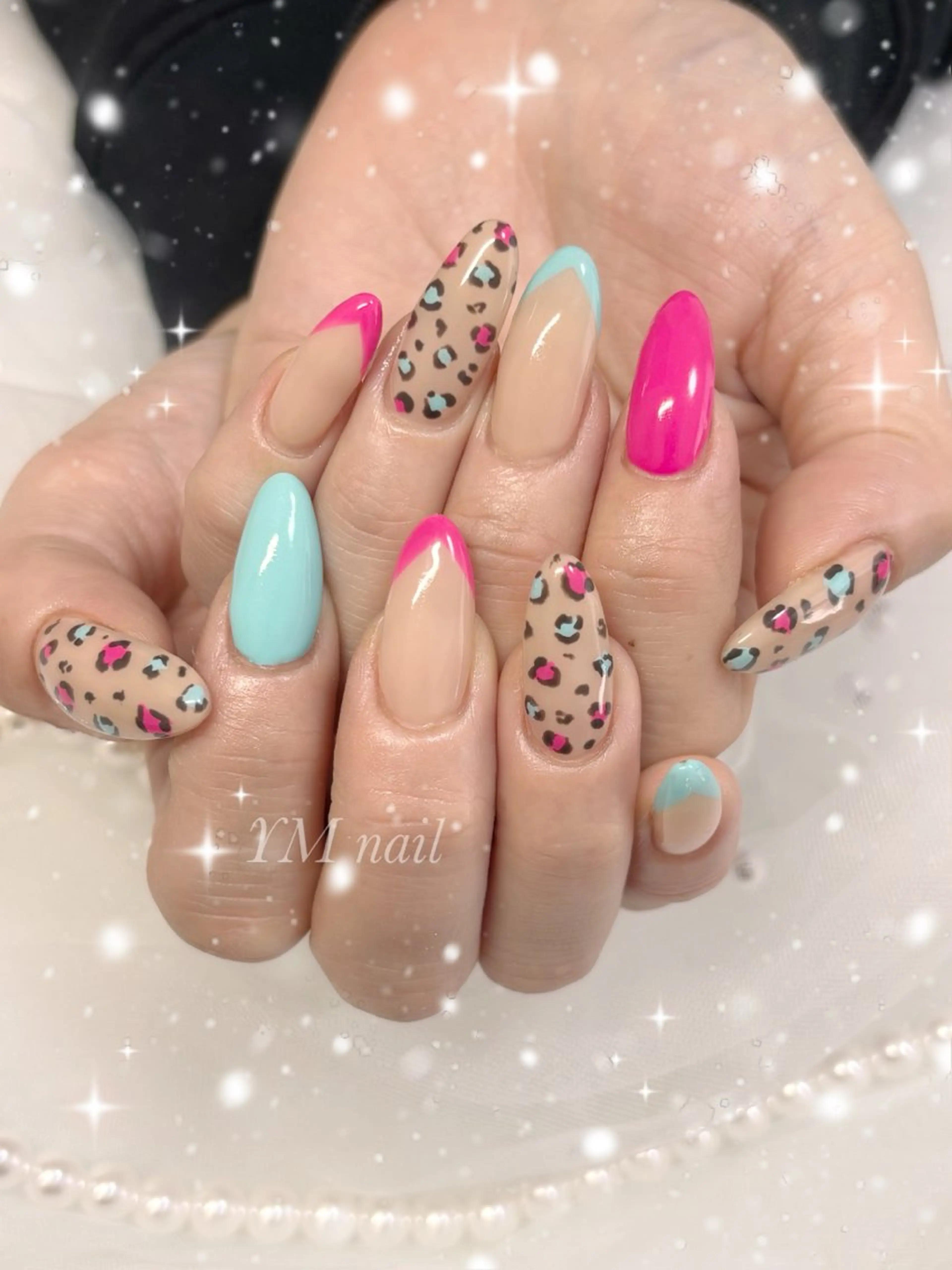 ネイル アニマル柄 フレンチネイル 水色 ピンク ハンドネイル YM nailのネイルデザイン