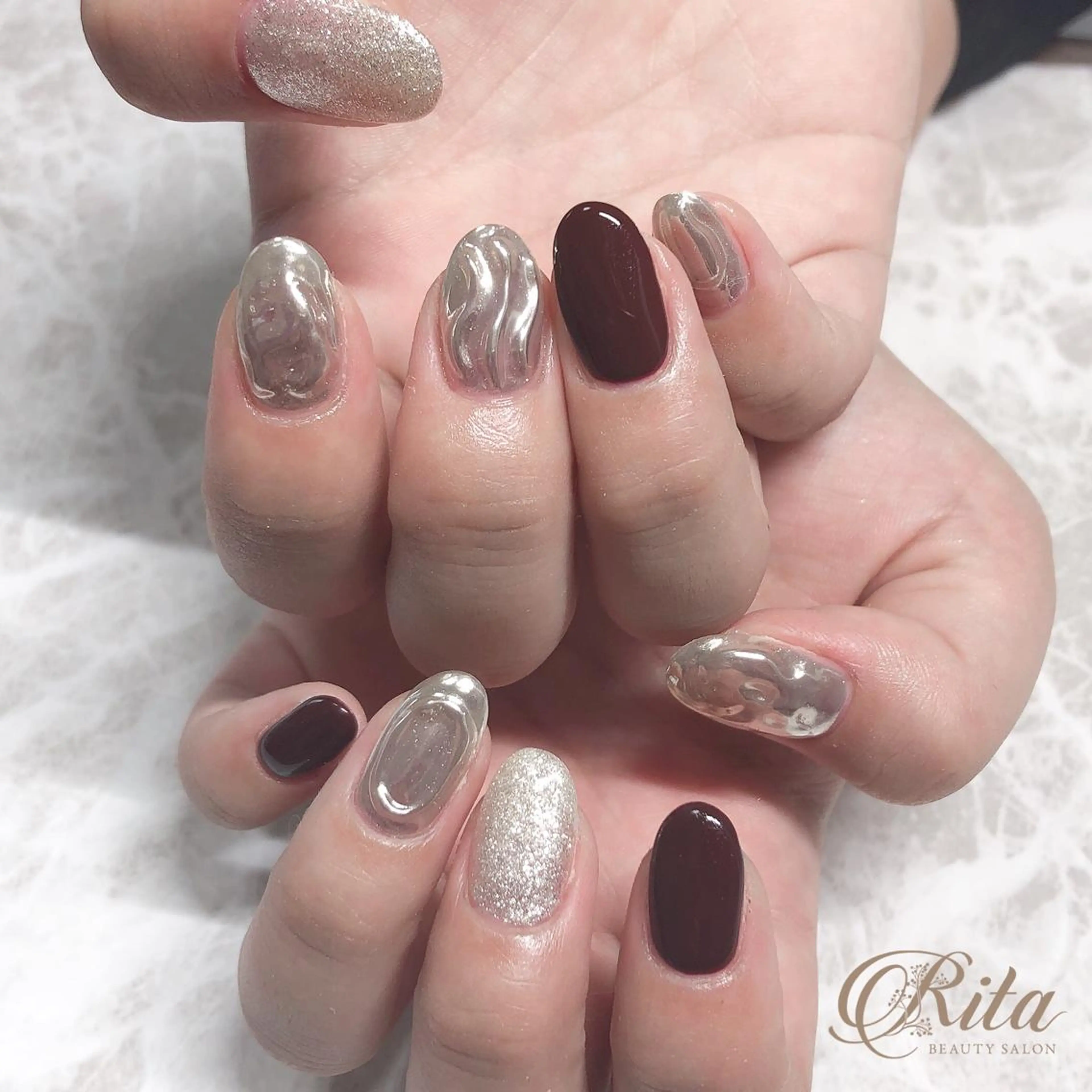 ネイル ラメ(グリッター) ミラーネイル Rio 𓍼のネイルデザイン