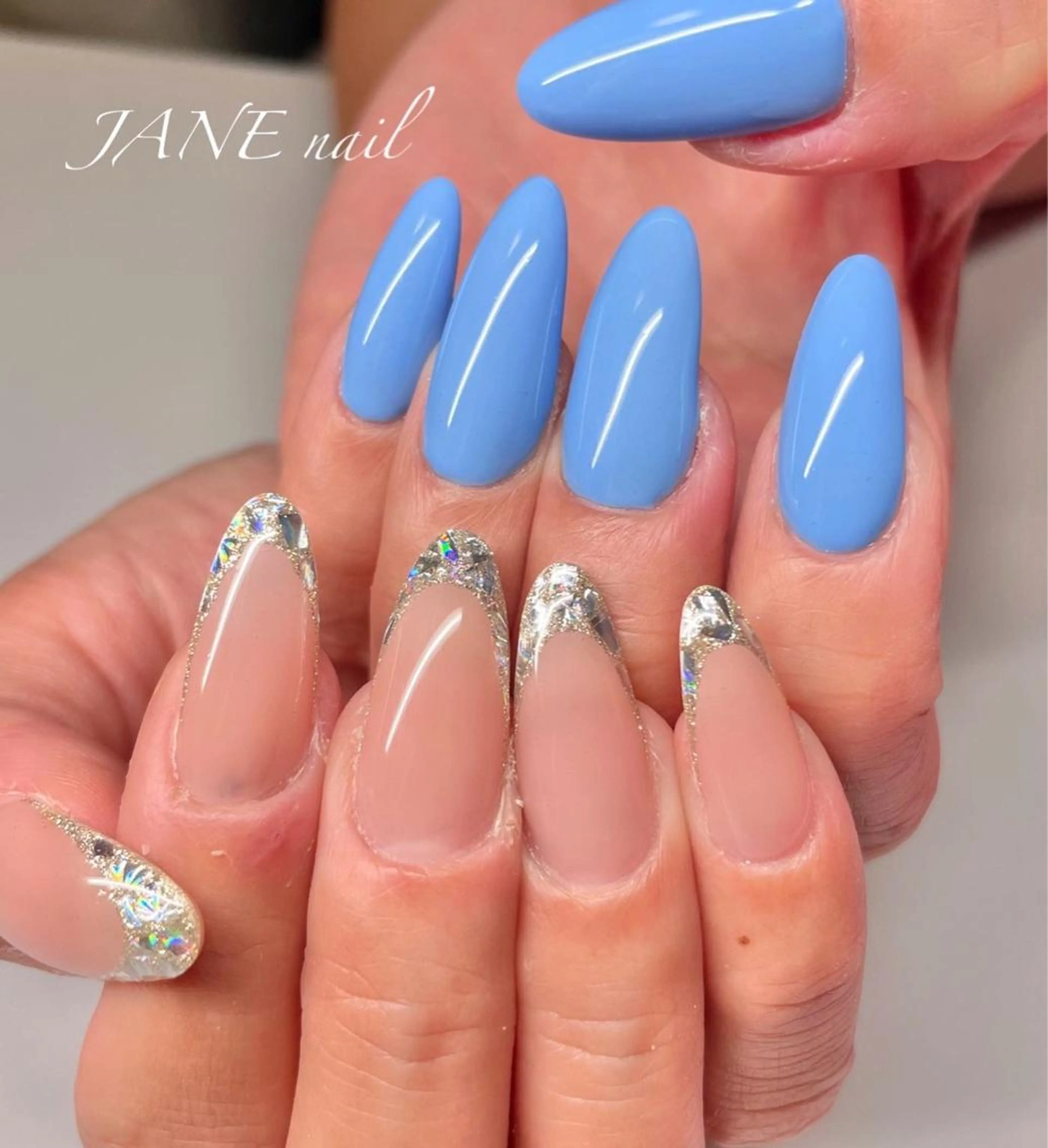 ネイル ブルー フットネイル フレンチネイル ガラスフレンチ 水色 Nail Salon JANEのネイルデザイン