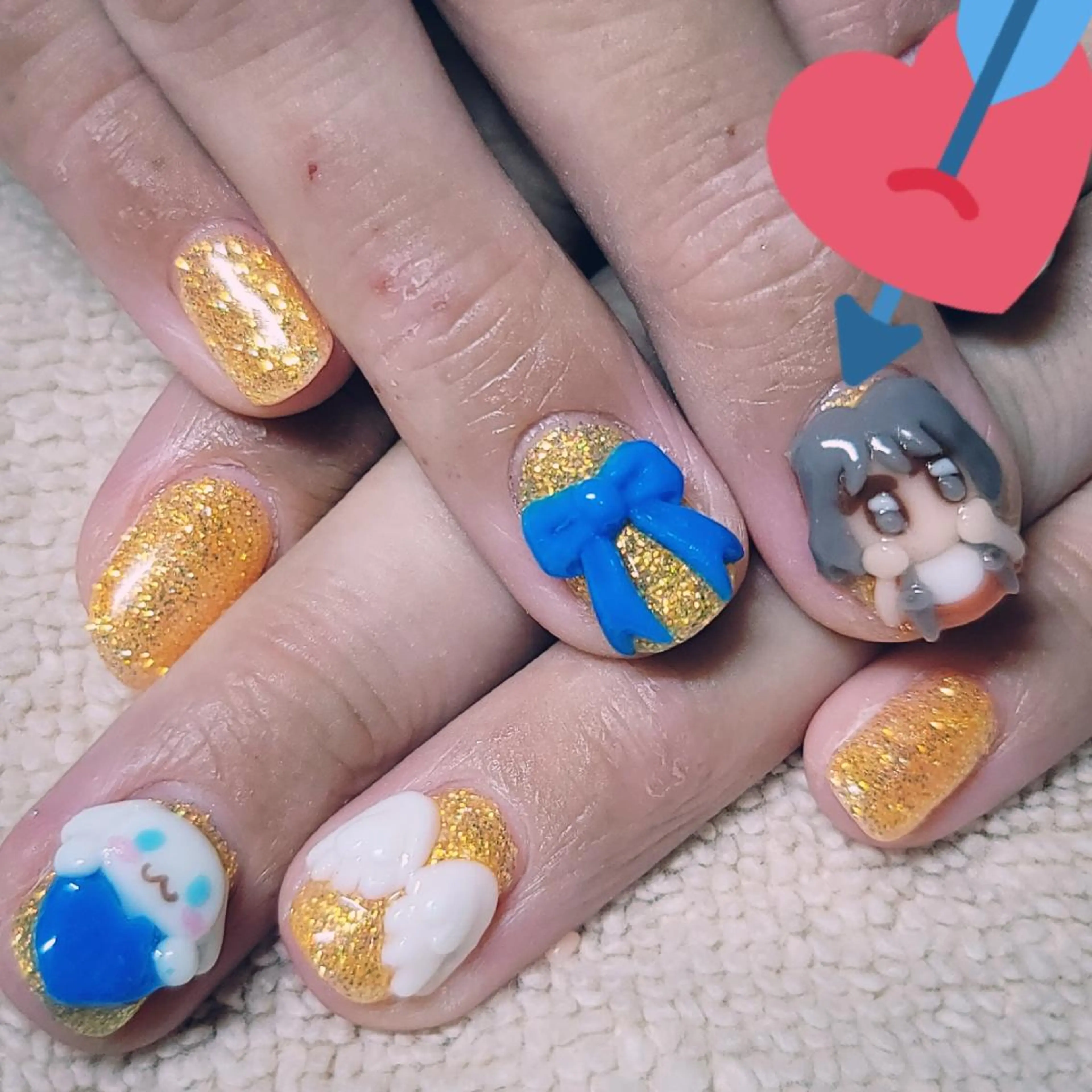 ネイル ブルー ハート ラメ(グリッター) ワンカラーネイル オレンジ ハンドネイル よしだ ひろきのネイルデザイン