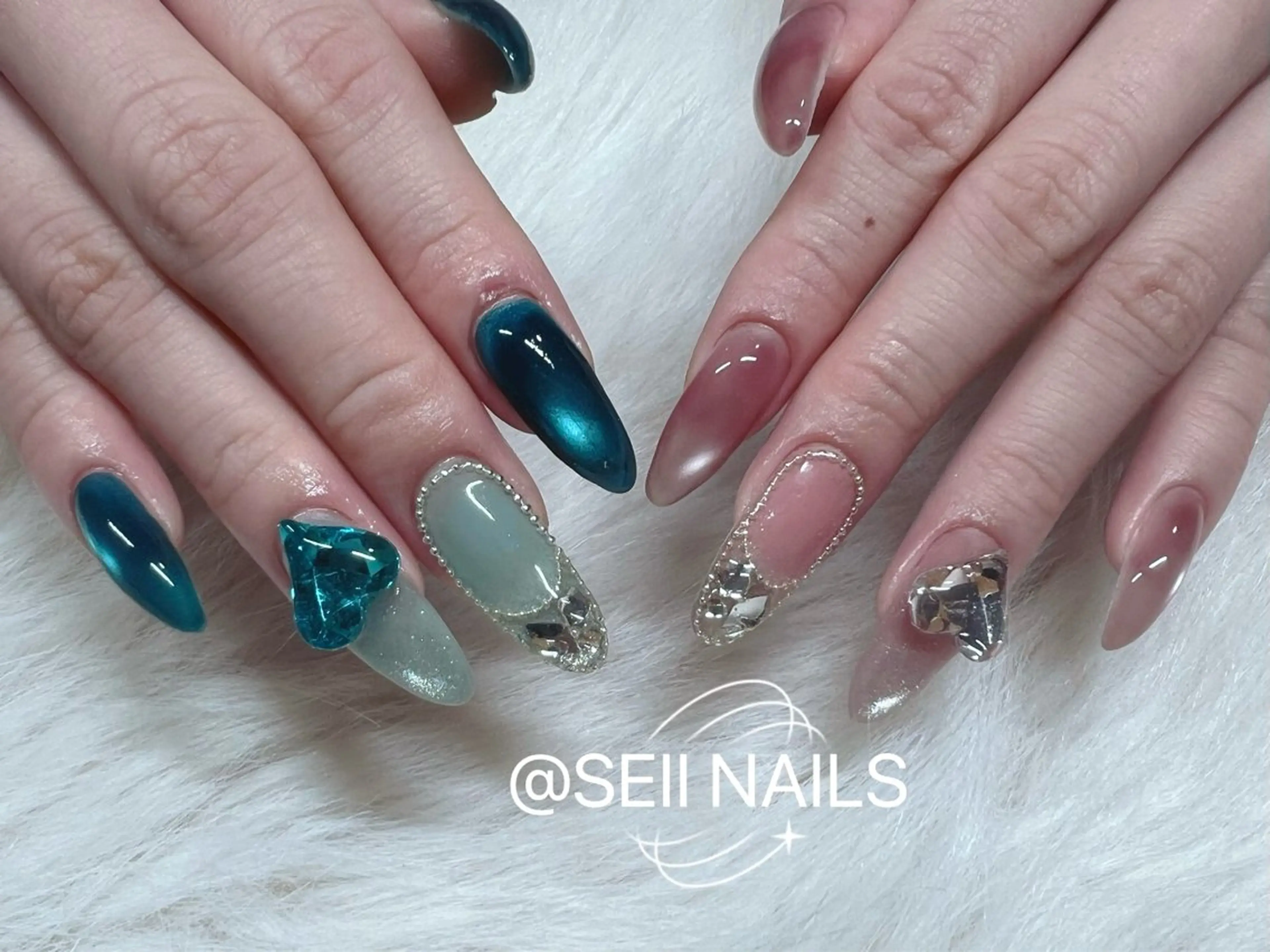 ネイル ブルー ハート マグネットネイル 持ち込み ピンク ハンドネイル SEII_NAILS SEIIのネイルデザイン