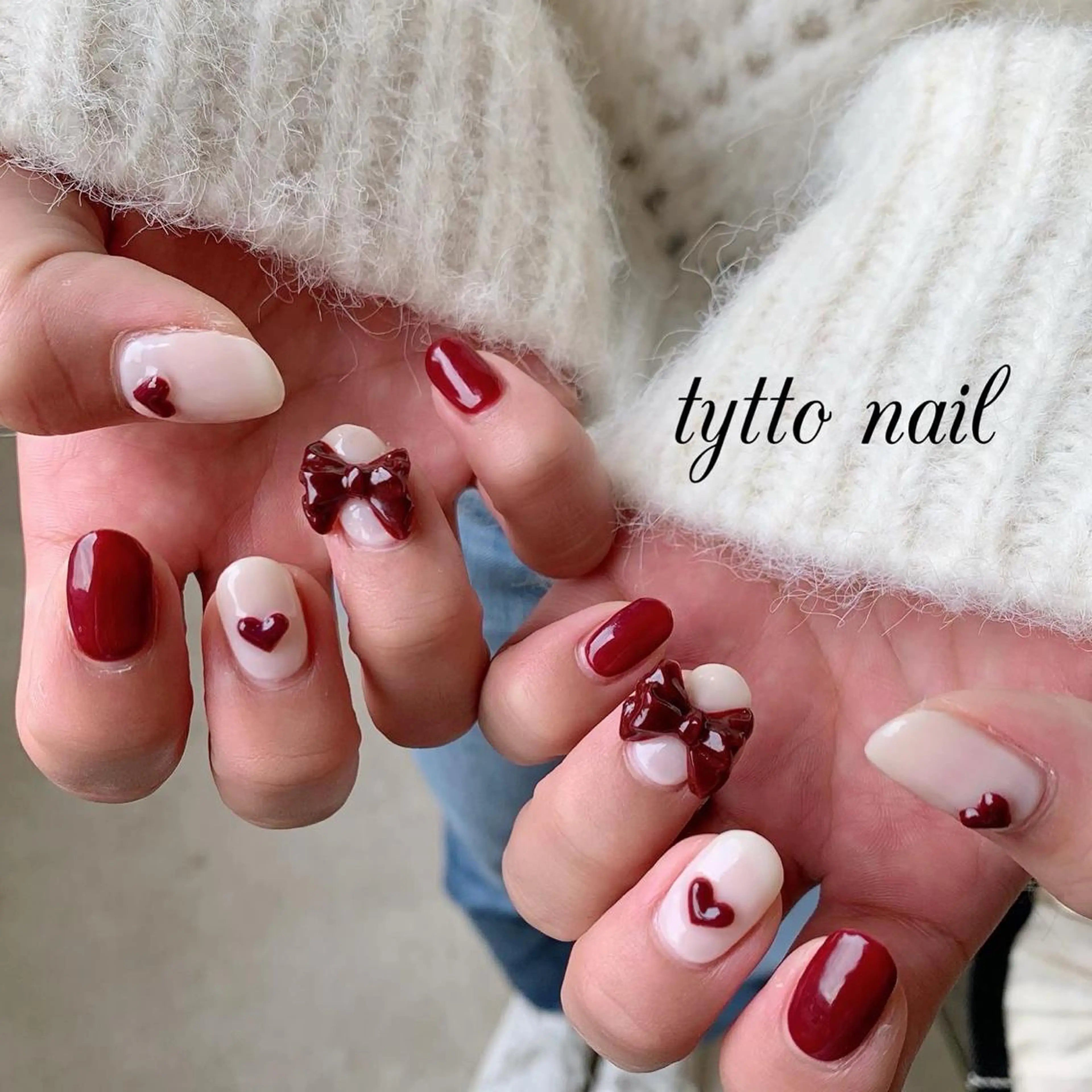 ネイル ボルドー ハート 韓国ネイル 赤色 リボン ハンドネイル tytto nail ❤︎‪‪eri‪‪のネイルデザイン