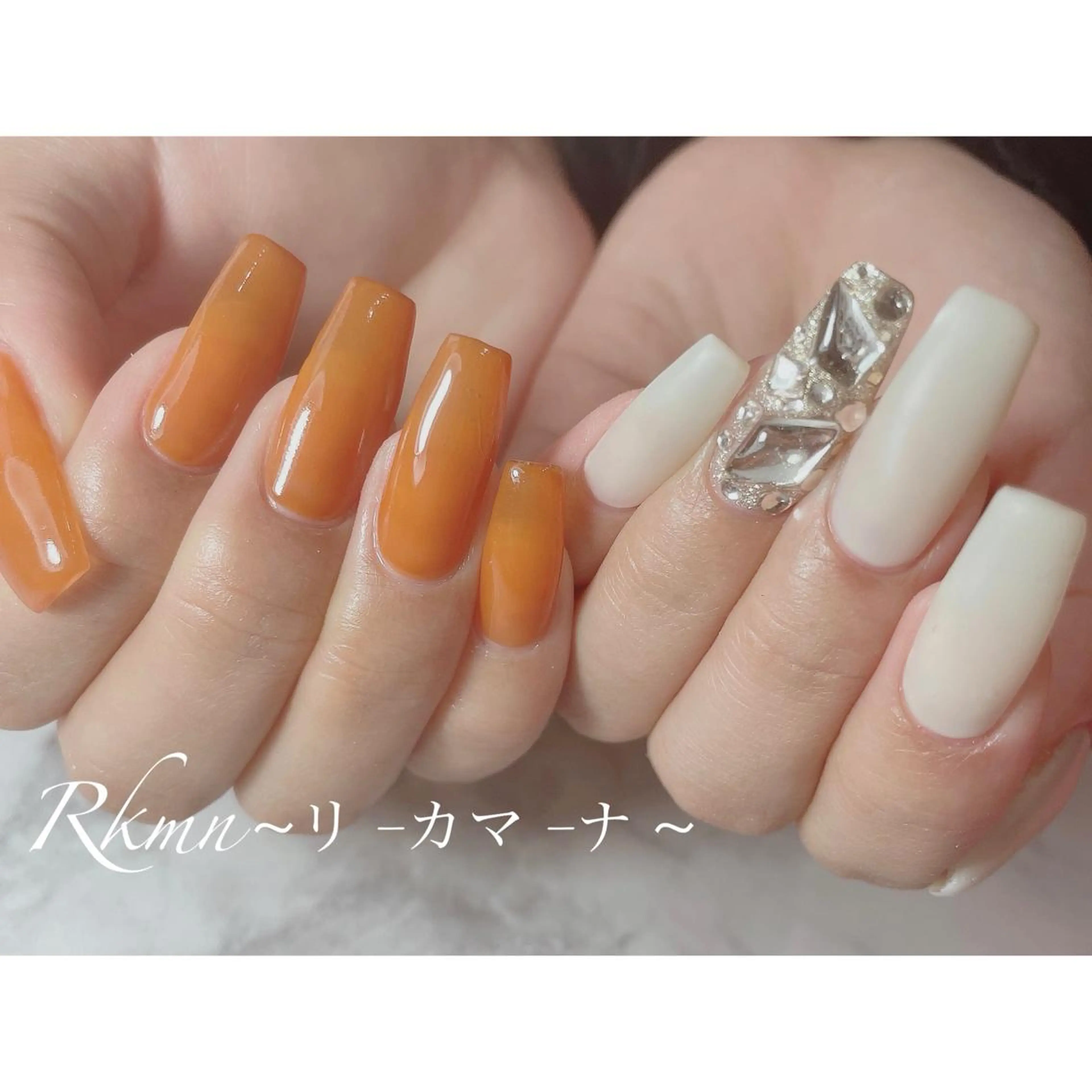 ネイル アートネイル オレンジ 春ネイル スクエアネイル ホワイト ハンドネイル フットネイル ハンドケア Rkmn ~リ-カマ-ナ~のネイルデザイン