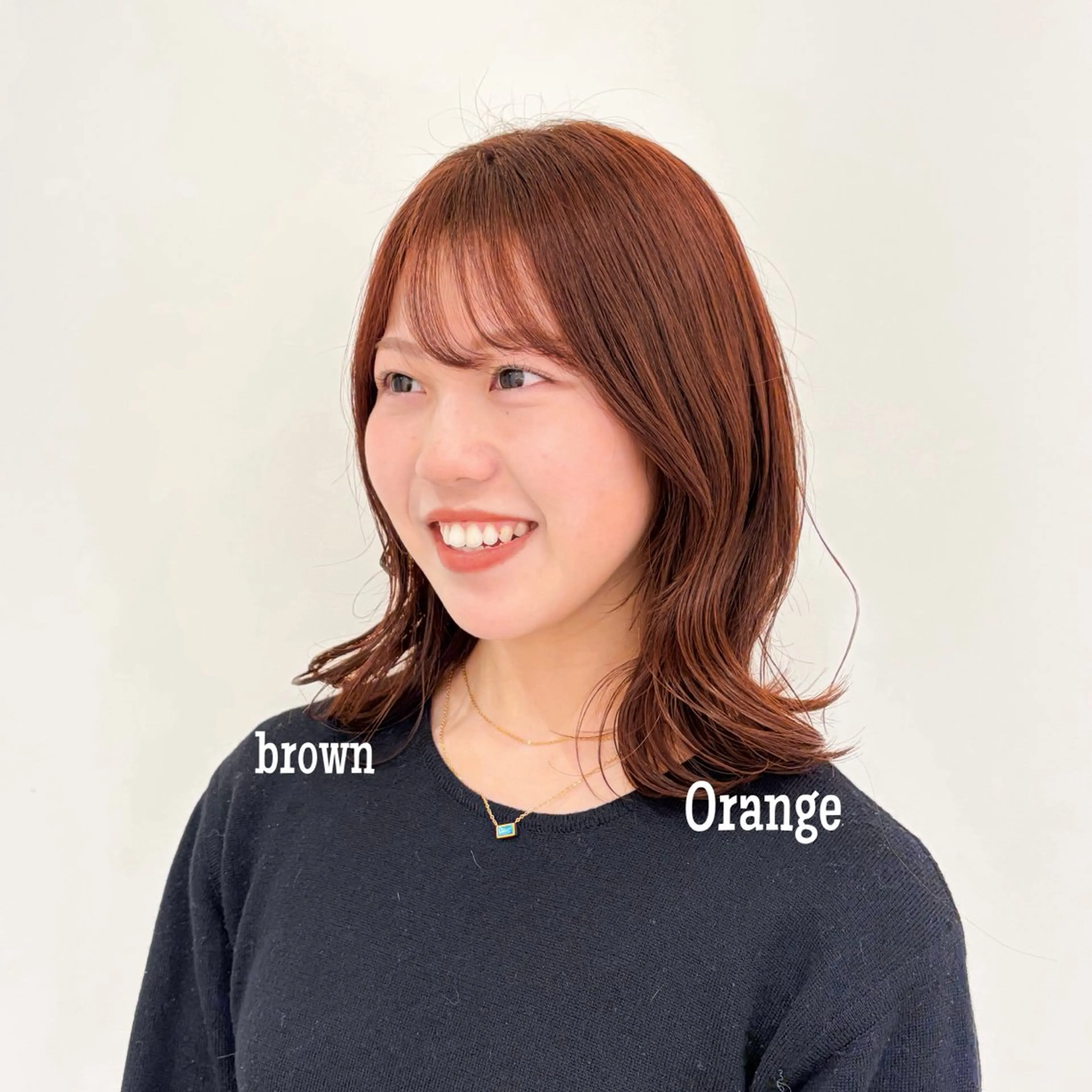 ミディアム カラー ブリーチ ブラウンカラー ブリーチなしカラー オレンジ オレンジブラウン カット ヘアカラー トリートメント ボブ/プツッとボブ/ 暖色カラー/モエのヘアスタイル