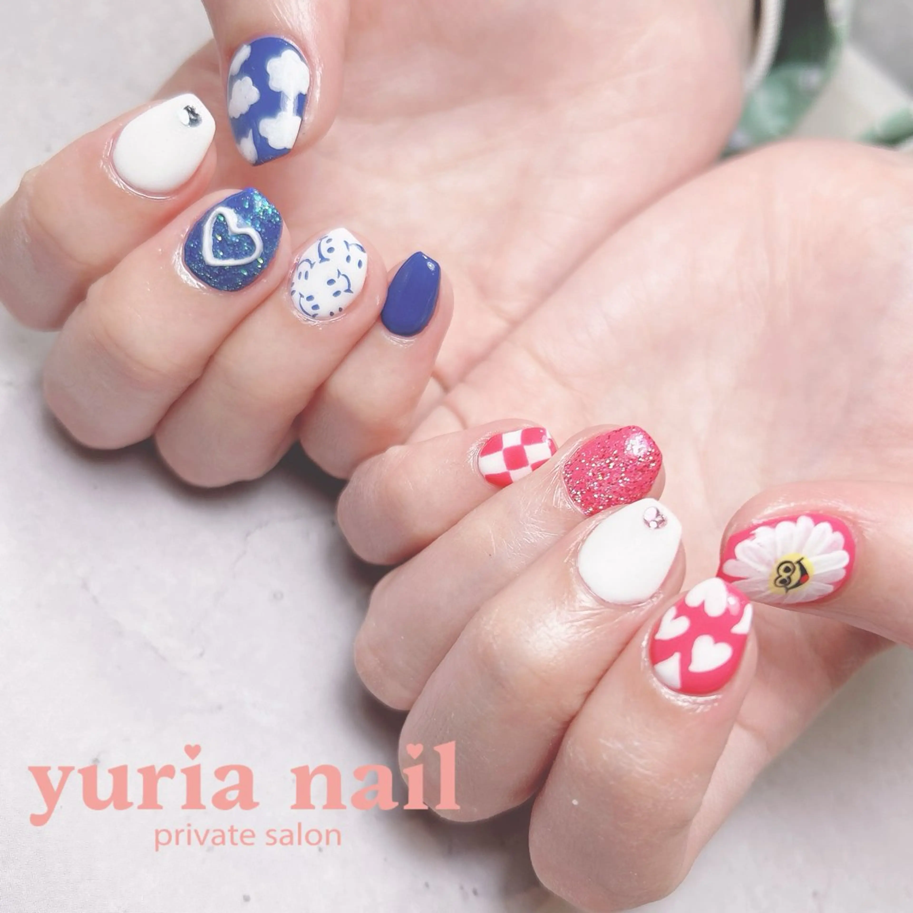 ネイル ブルー ジェルネイル ハート 持ち込み ピンク ハンドネイル 小林 ゆりあのネイルデザイン