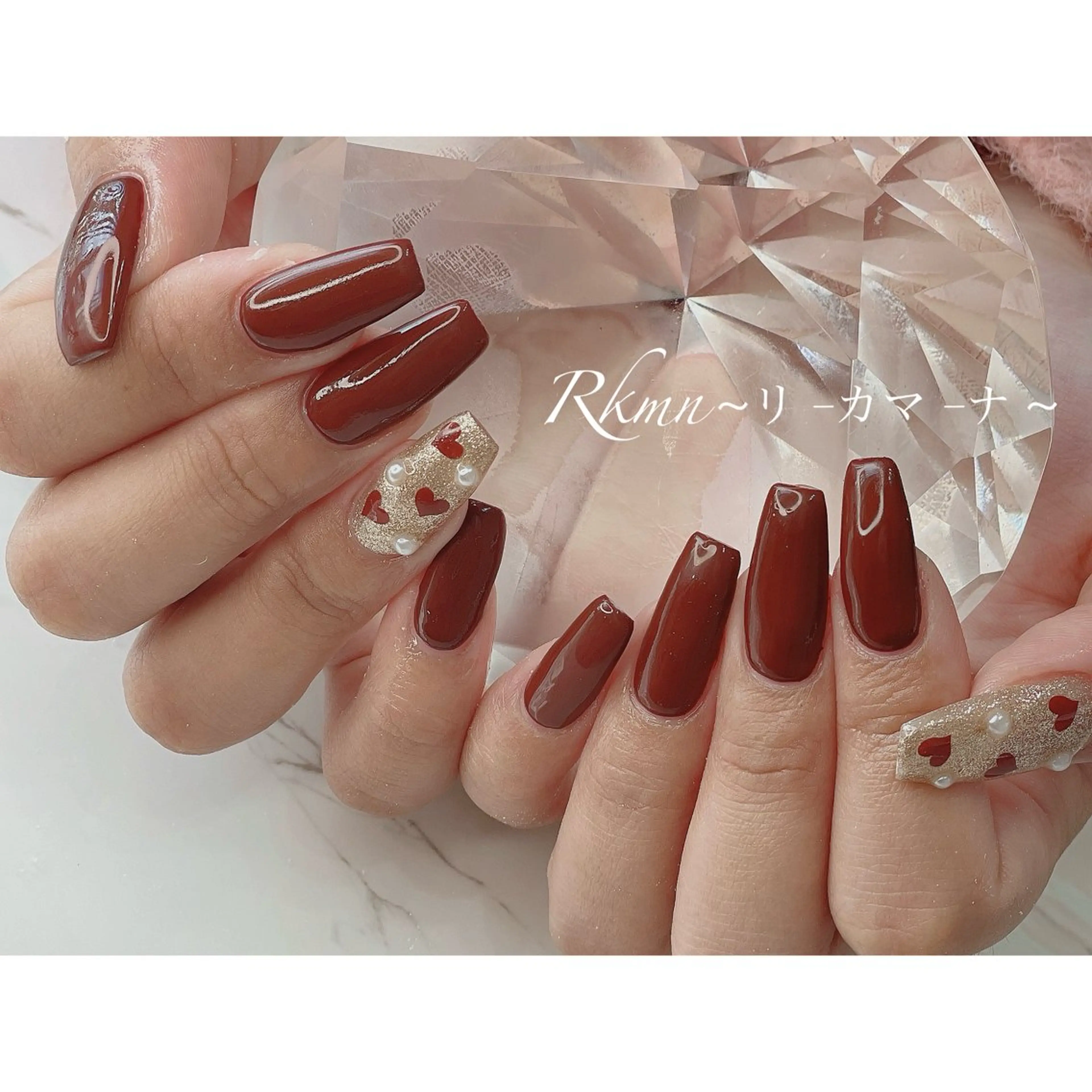 ネイル アートネイル ボルドー ハート 春ネイル バレンタイン ハンドネイル フットネイル ハンドケア Rkmn ~リ-カマ-ナ~のネイルデザイン