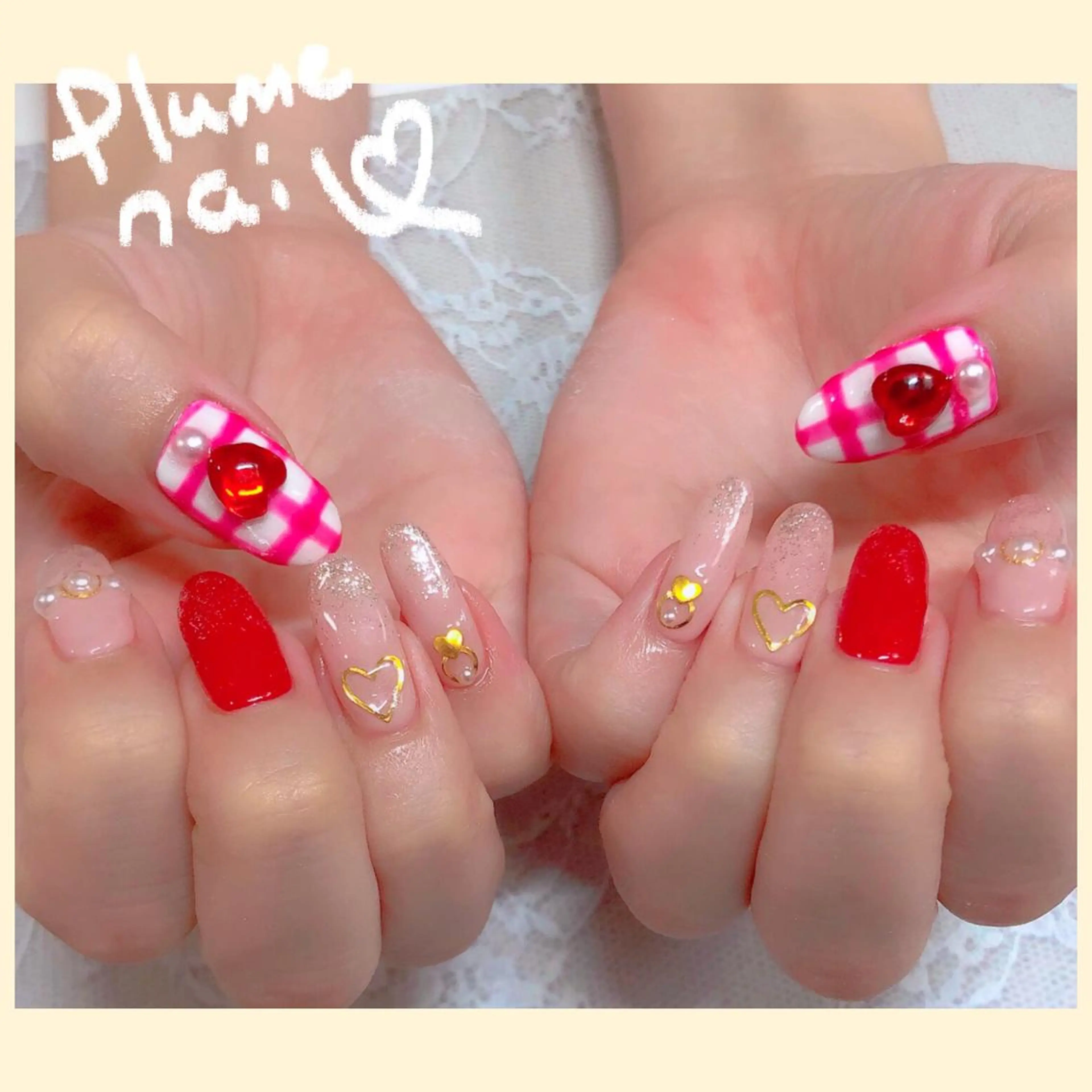 ネイル アートネイル ハート キラキラネイル 韓国ネイル 春ネイル ハンドネイル plume nail ☆韓国ネイルのネイルデザイン