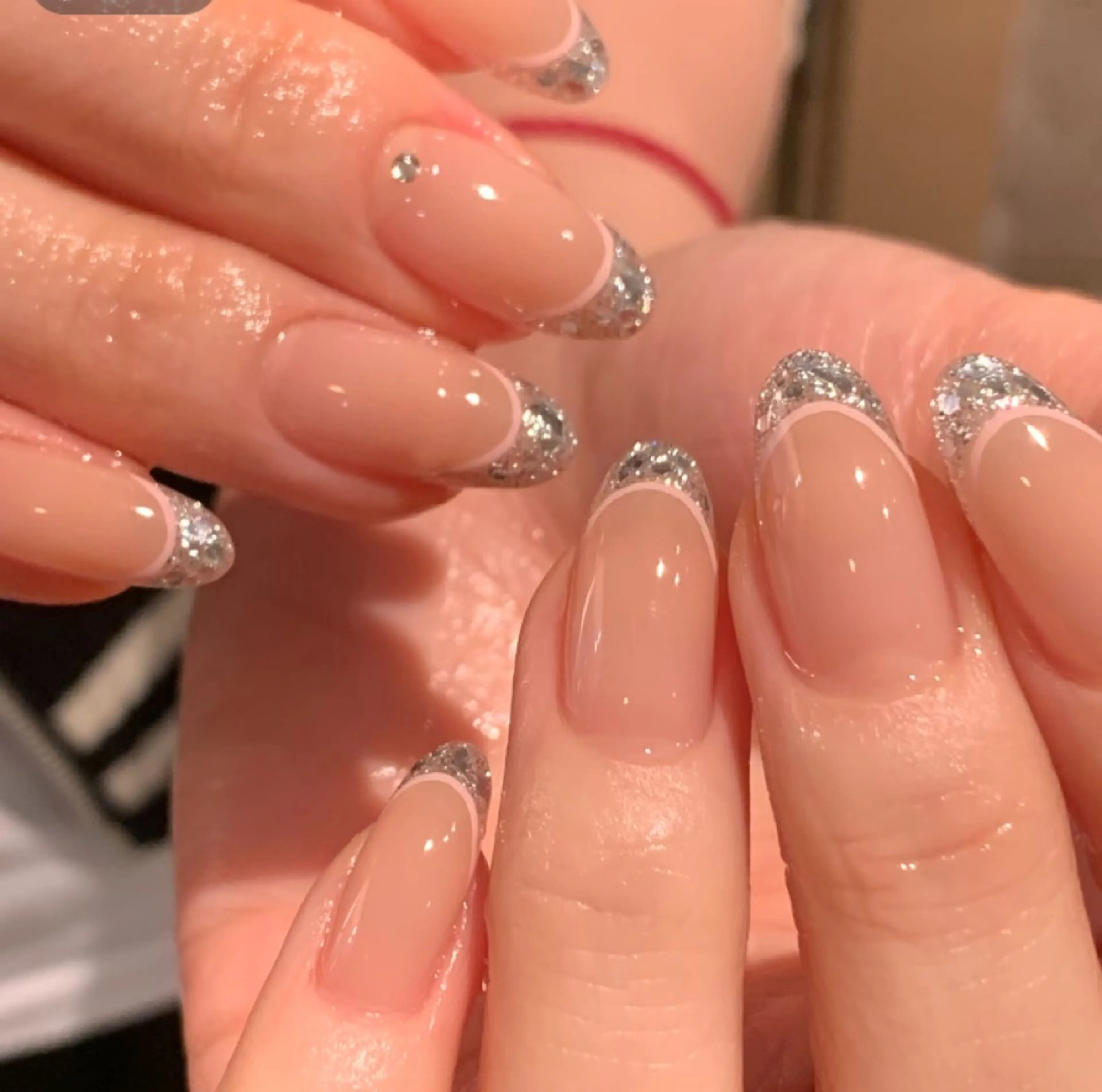 ダブルフレンチ/ピンクネイル✖️ガラスフレンチ/上品ネイル💎マグネットフレンチ/月替わりパーツ2個付きの写真