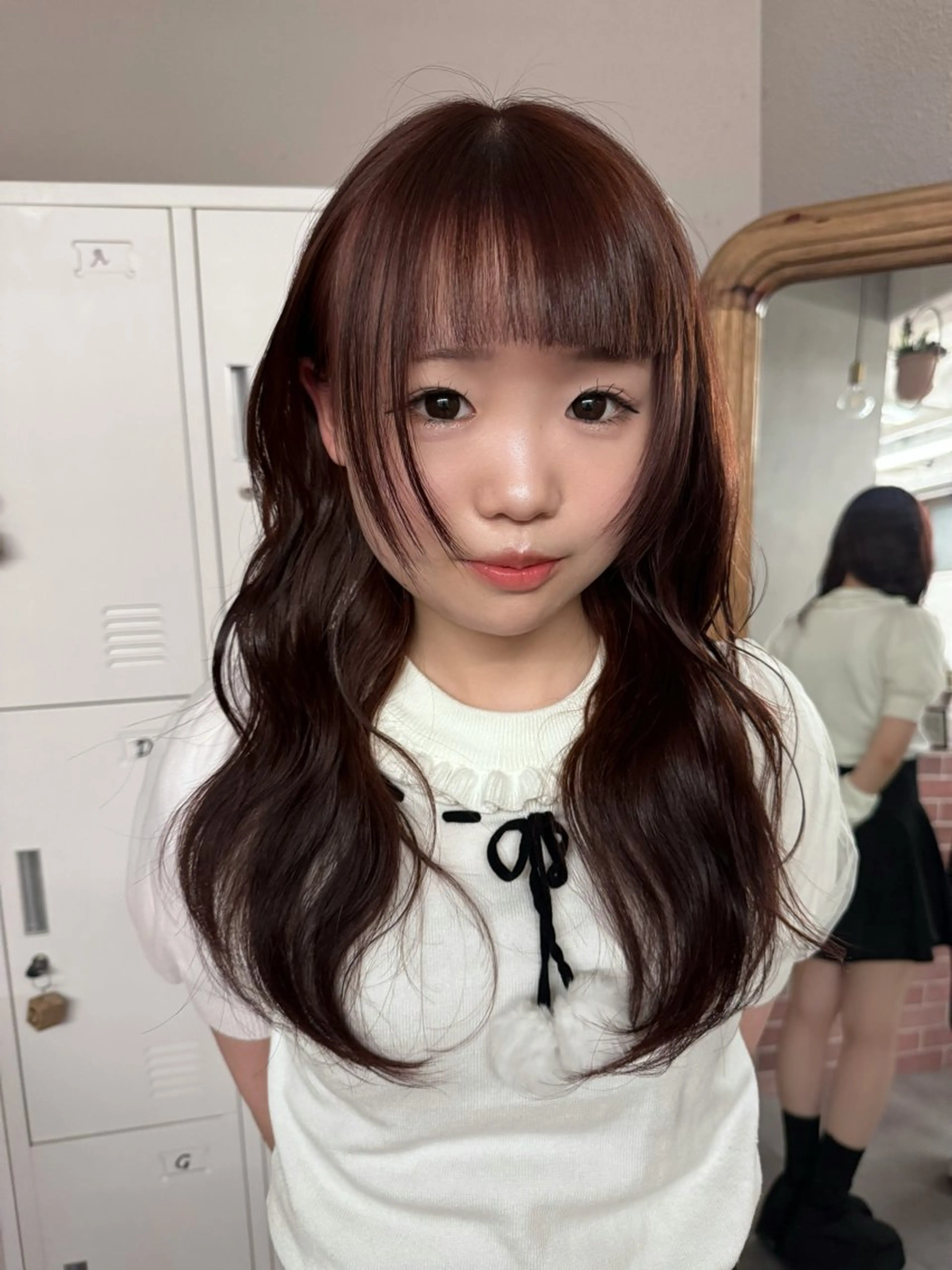 ロング カラー レッドカラー 姫カット ハイトーン縮毛/暖色 なーな🎀🤍のヘアスタイル