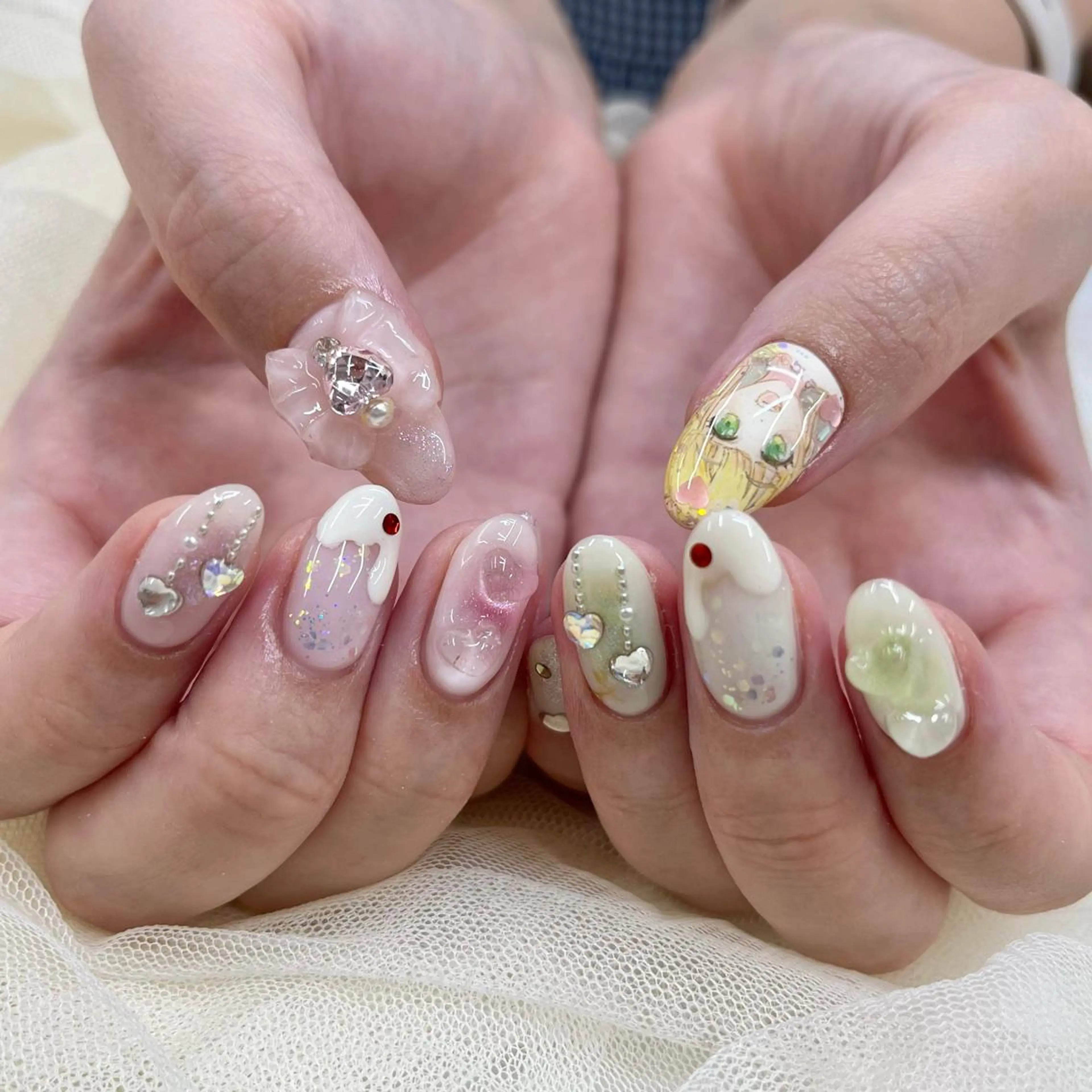 ミディアム ネイル リボン ハンドネイル 池袋痛ネイル Nok. 渡辺のネイルデザイン