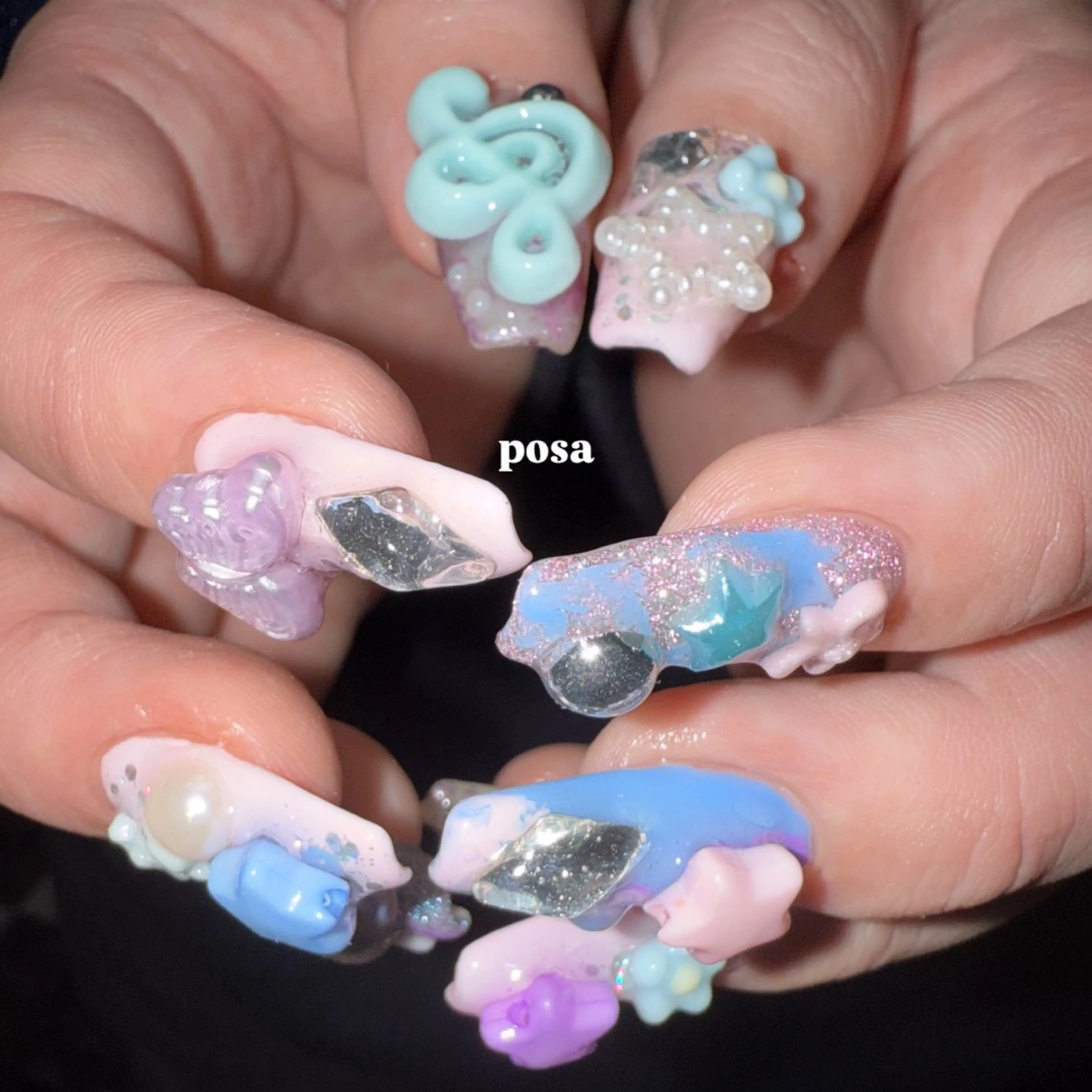 ネイル ブルー ピンク シンプルネイル ハンドネイル posa nail モエミのネイルデザイン