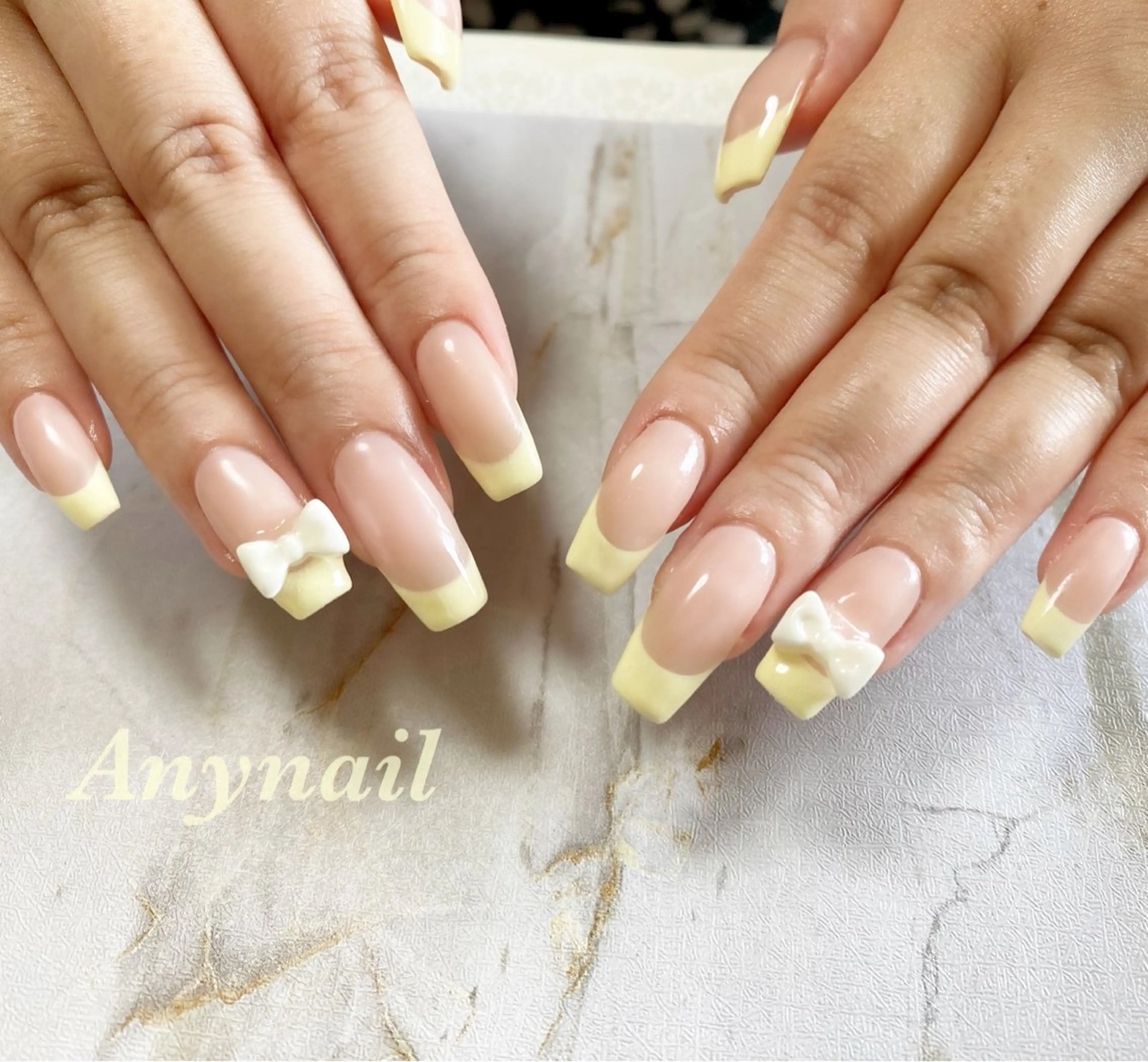 ネイル ブルー フレンチネイル パステルネイル リボン 岩澤 恵子のネイルデザイン