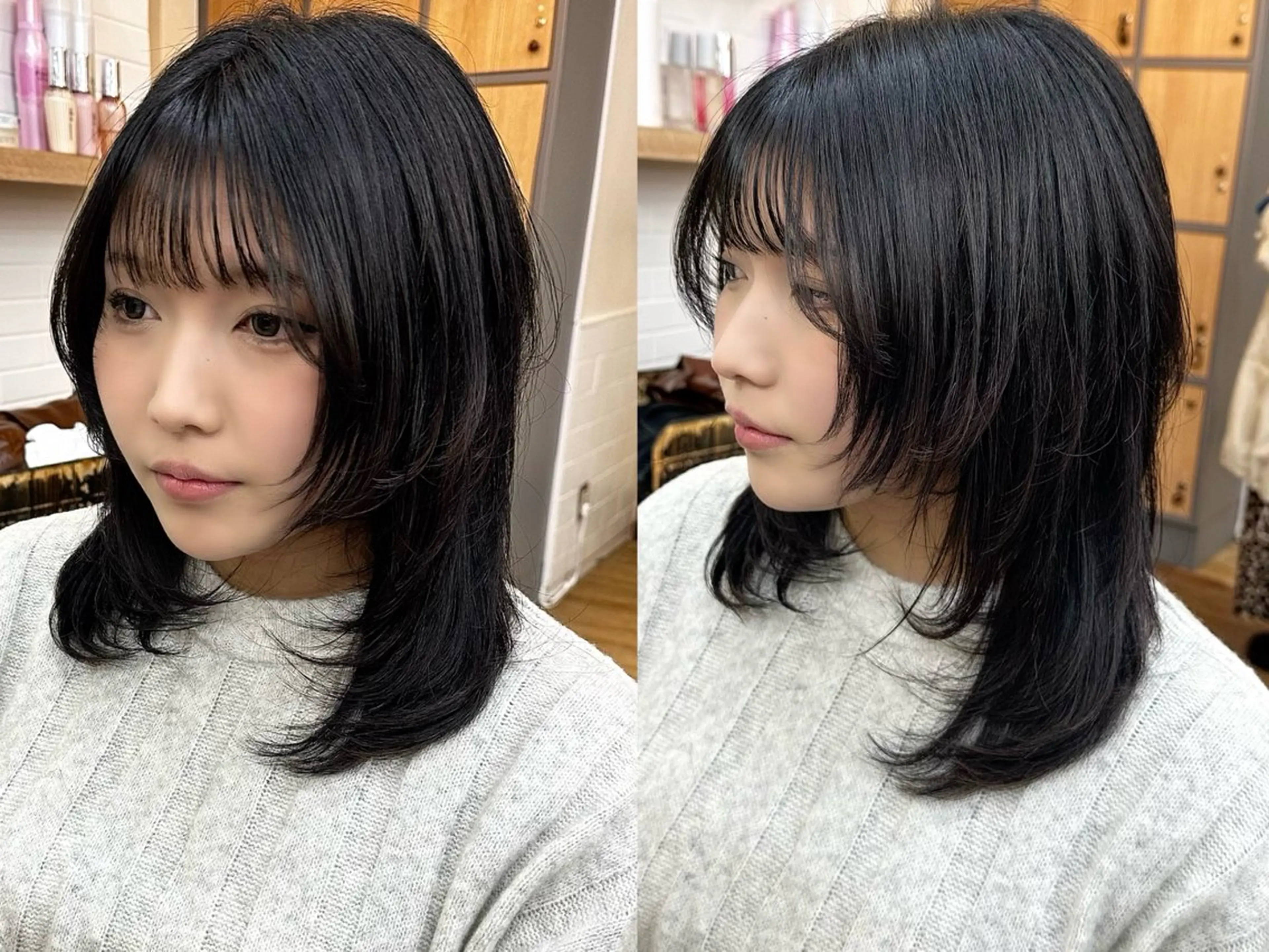 ミディアム カラー パーマ ヘアアレンジ メンズ キッズ カット ヘアカラー ハッシュレイヤー /レイヤーカット🌿のヘアスタイル
