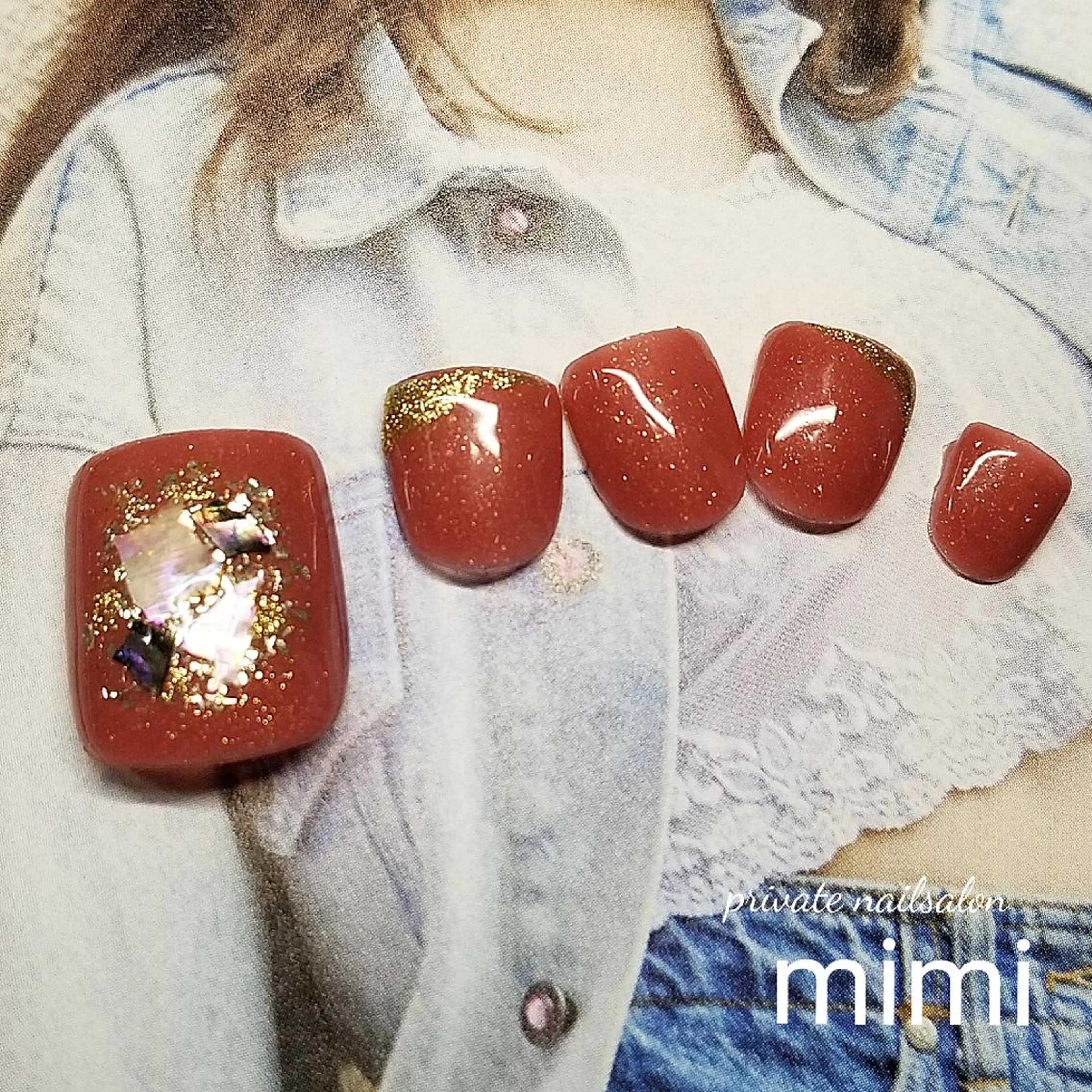 ネイル ブラウン 赤色 フットネイル 博多ネイル ｍｉｍｉのネイルデザイン